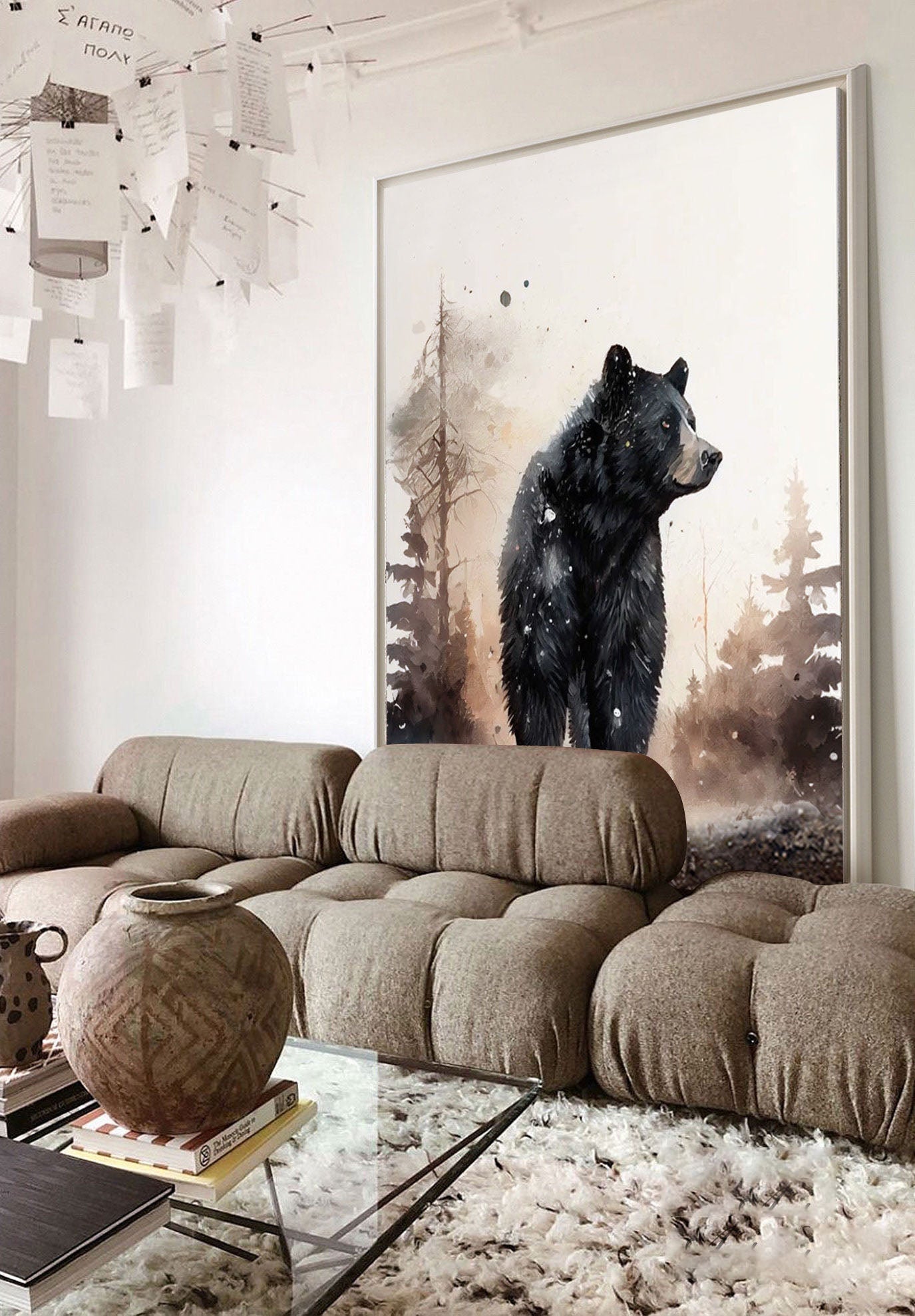 Black Bear Forest Wall Art – Rustic Animal Canvas Painting for Cabin Decor #MM464