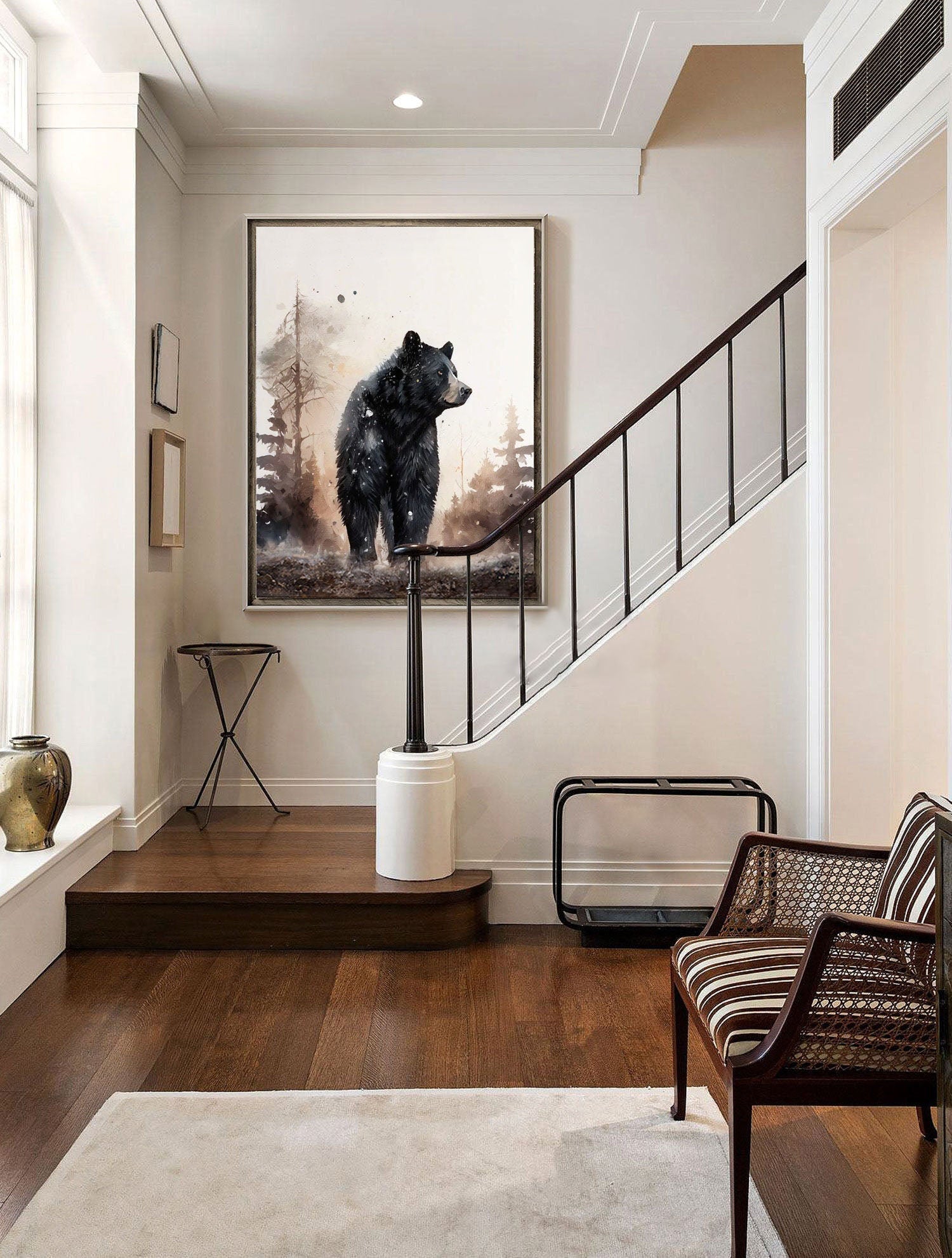 Black Bear Forest Wall Art – Rustic Animal Canvas Painting for Cabin Decor #MM464