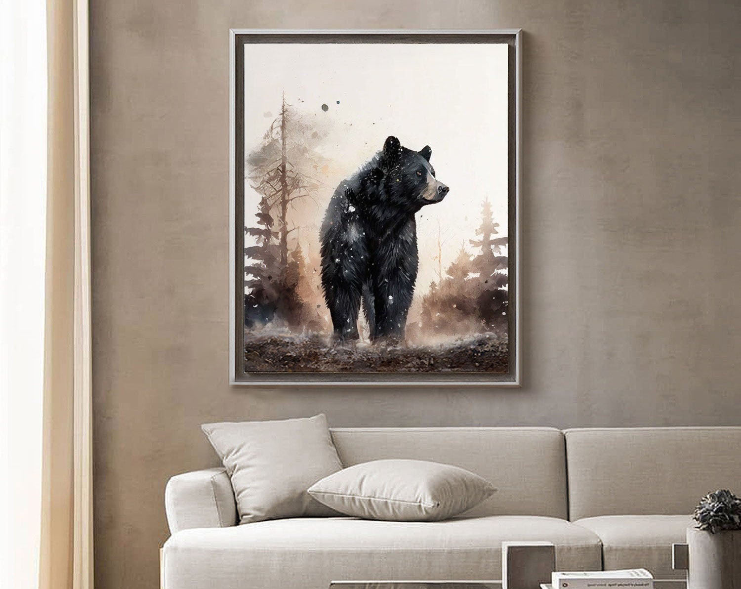 Black Bear Forest Wall Art – Rustic Animal Canvas Painting for Cabin Decor #MM464