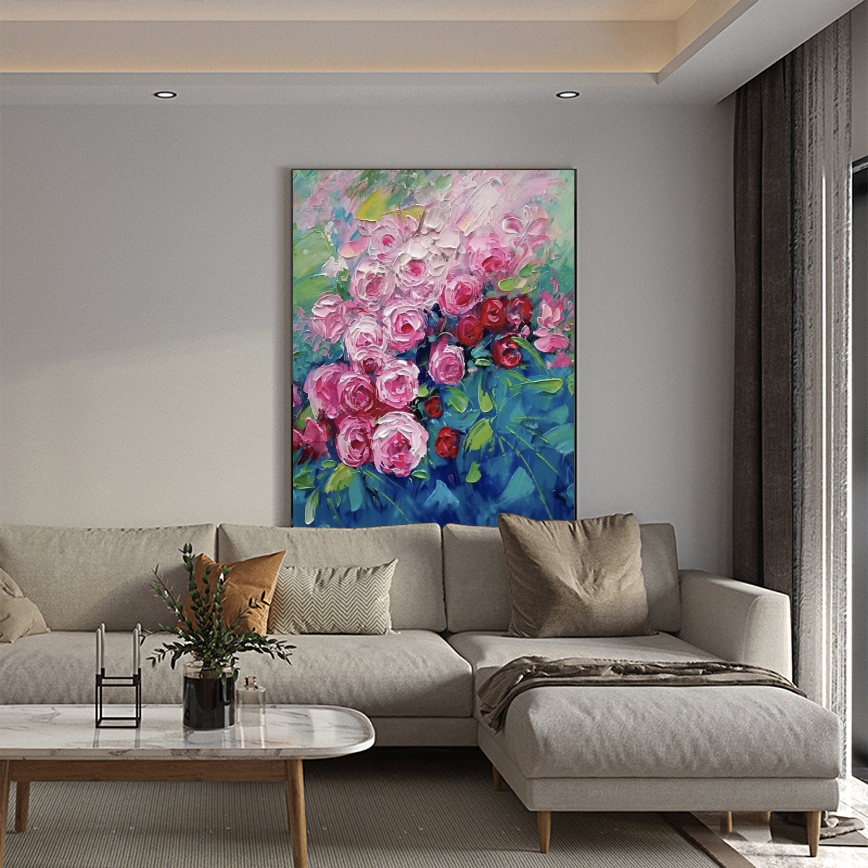 Textured Pink Roses Oil Painting: Floral Art for Modern Home Decor #MM492