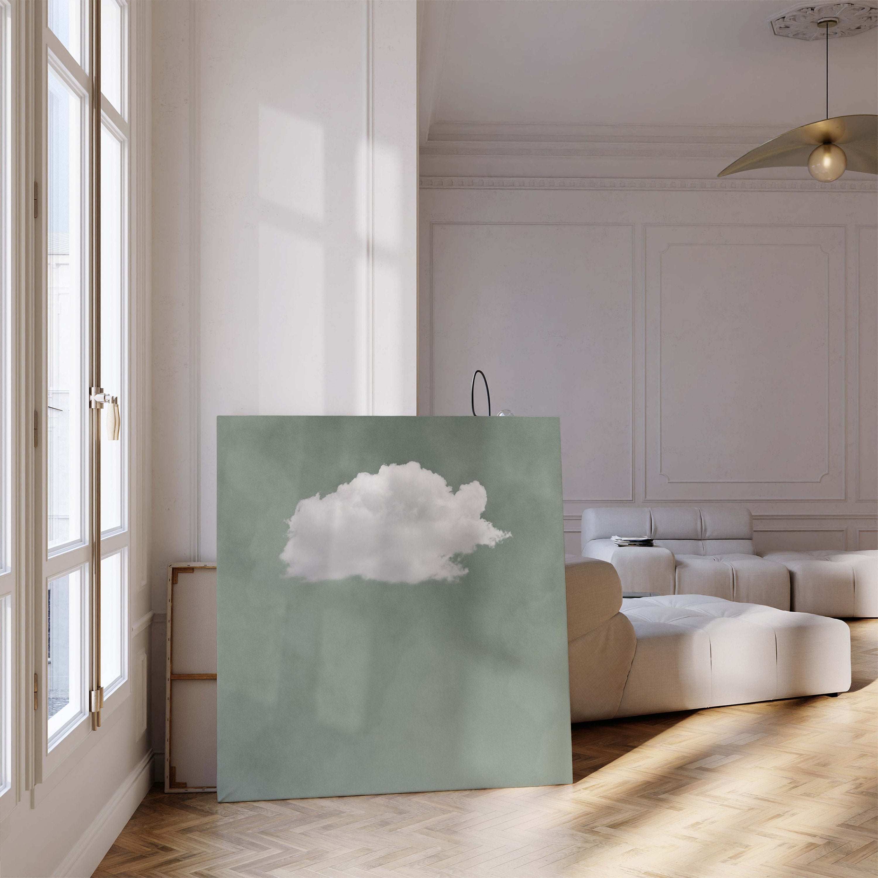 Fluffy Cloud on Muted Green, Framed Contemporary Wall Art #MM400