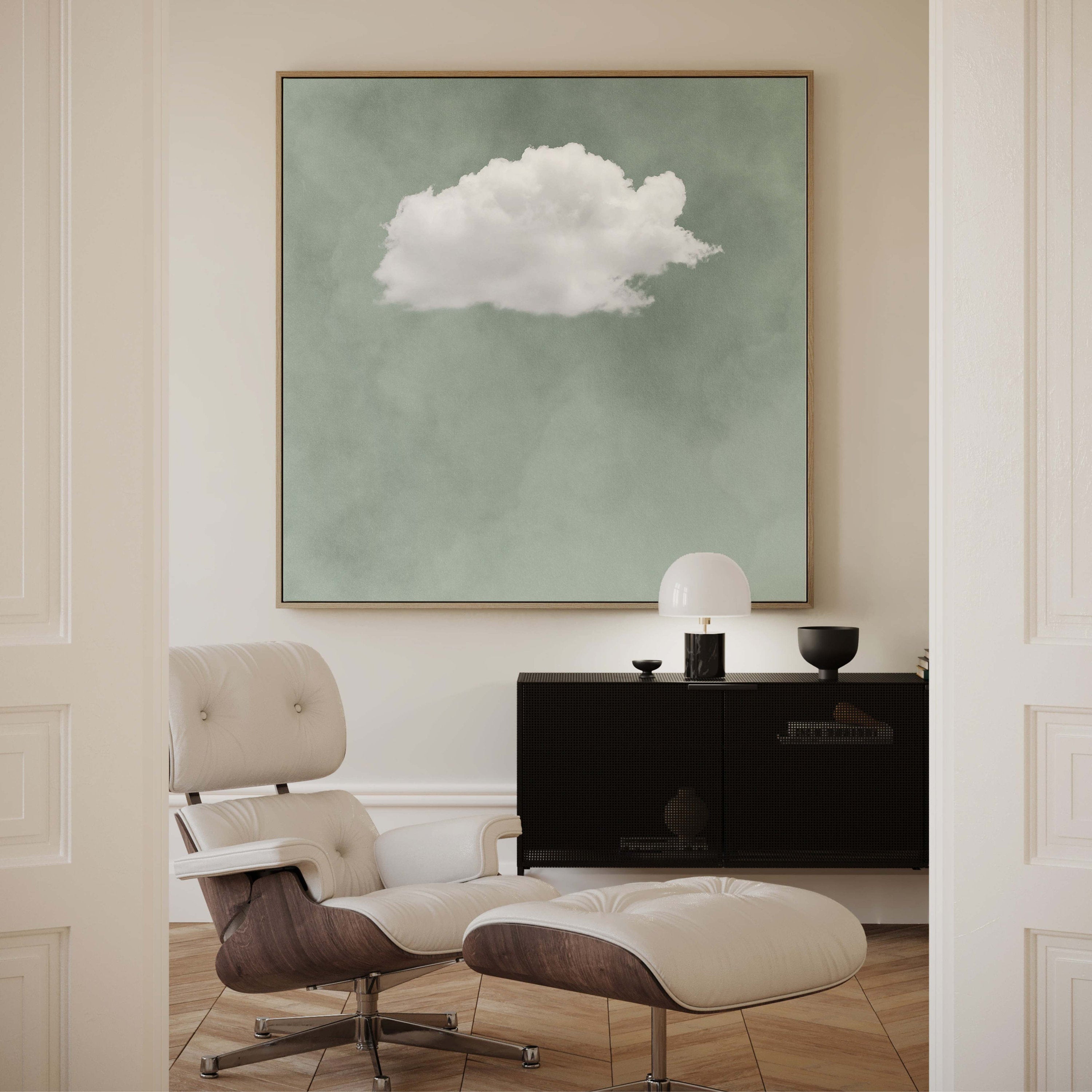 Fluffy Cloud on Muted Green, Framed Contemporary Wall Art #MM400