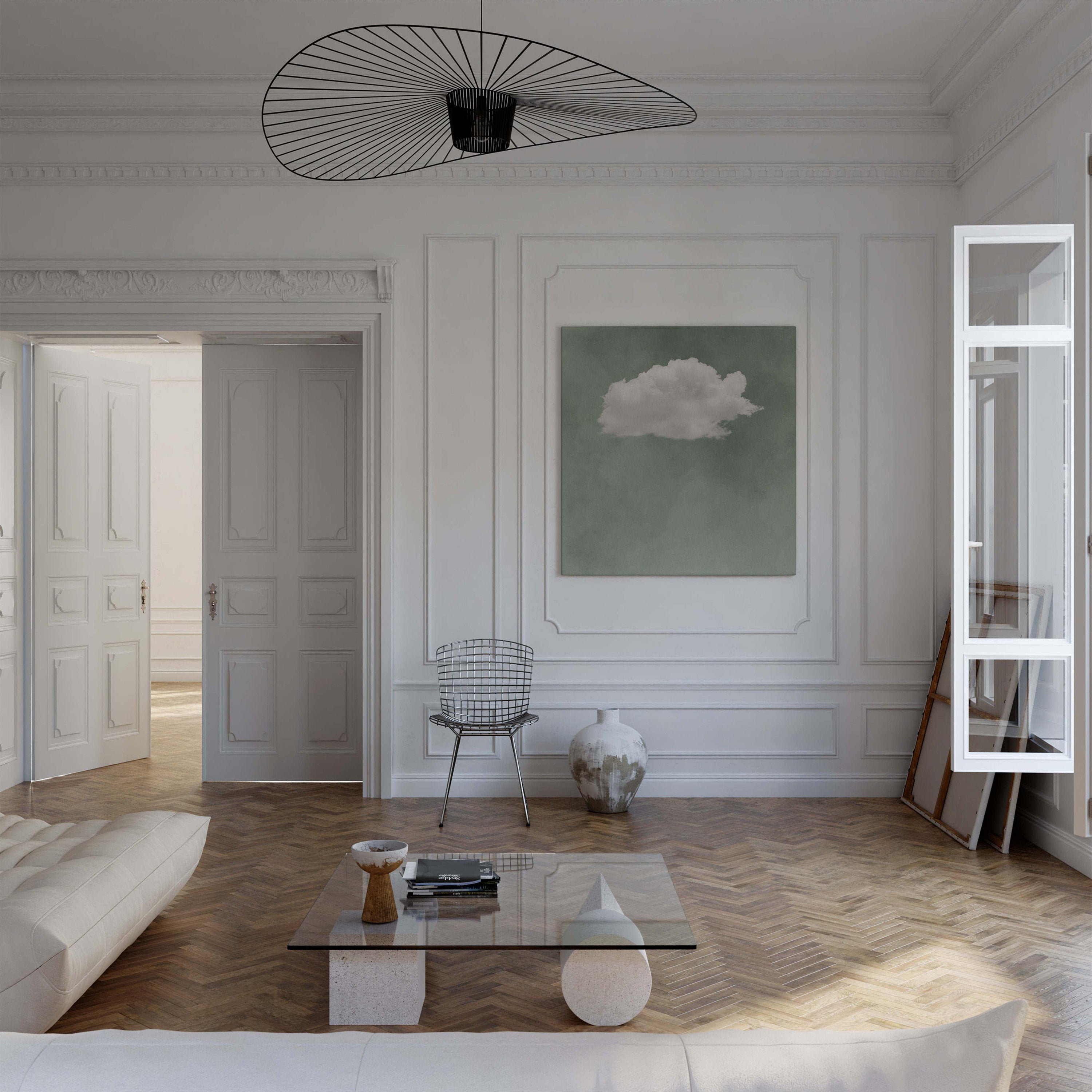 Fluffy Cloud on Muted Green, Framed Contemporary Wall Art #MM400