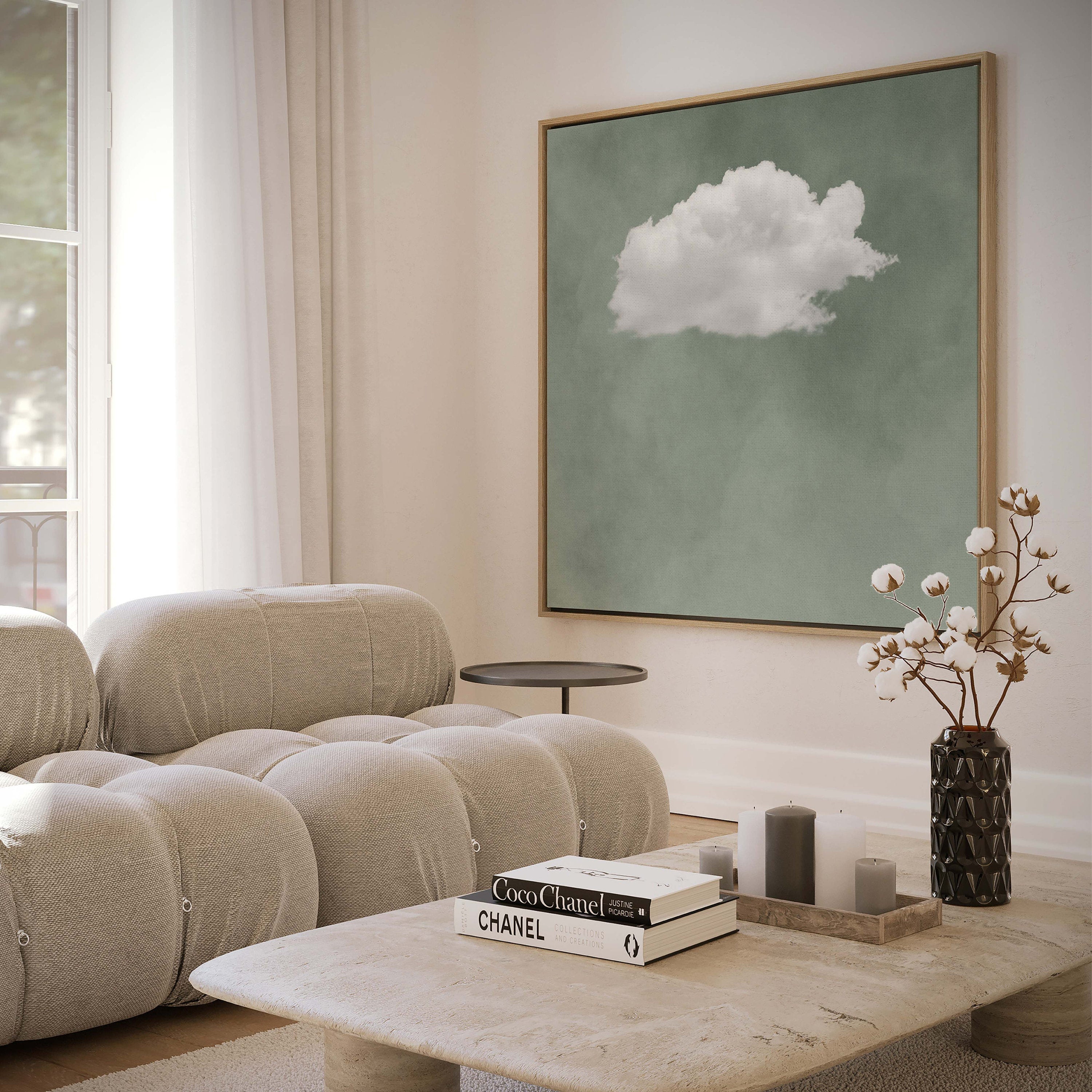 Fluffy Cloud on Muted Green, Framed Contemporary Wall Art #MM400