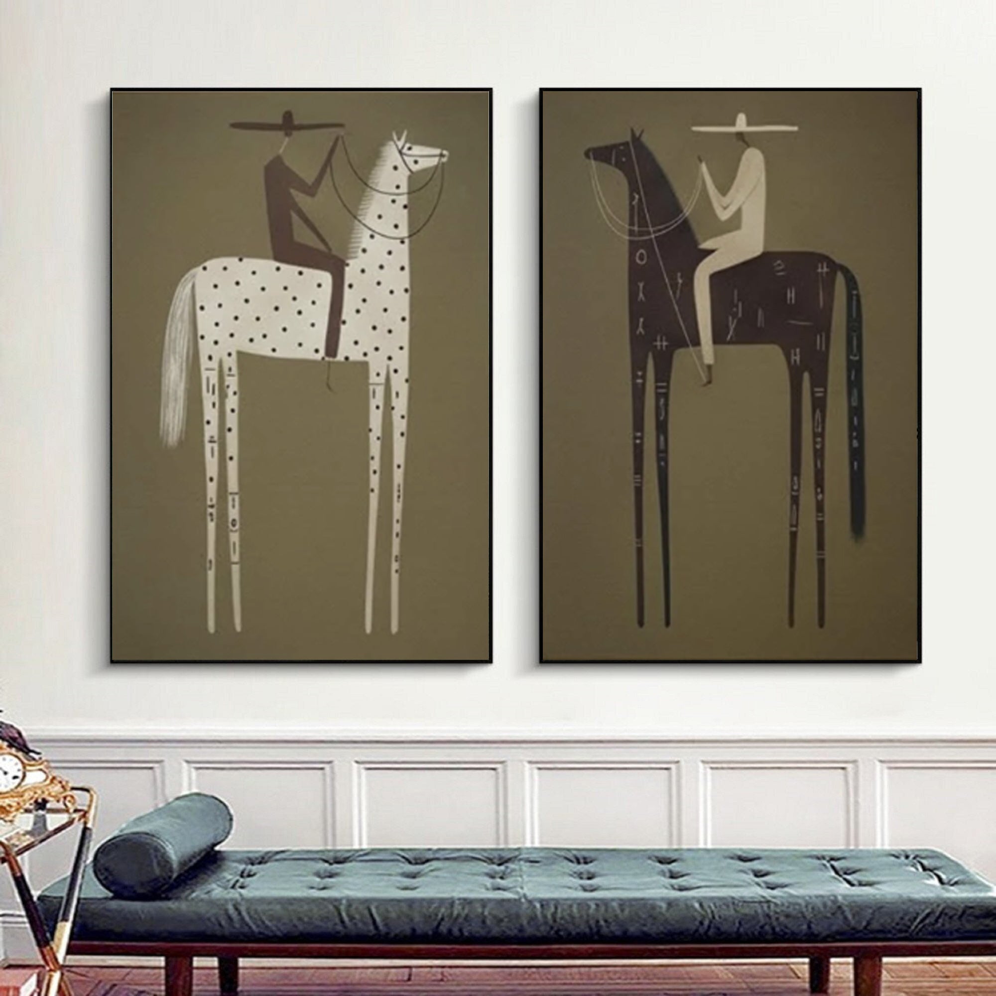 Large Folk Art Horse Paintings Contemporary Minimalist Diptych