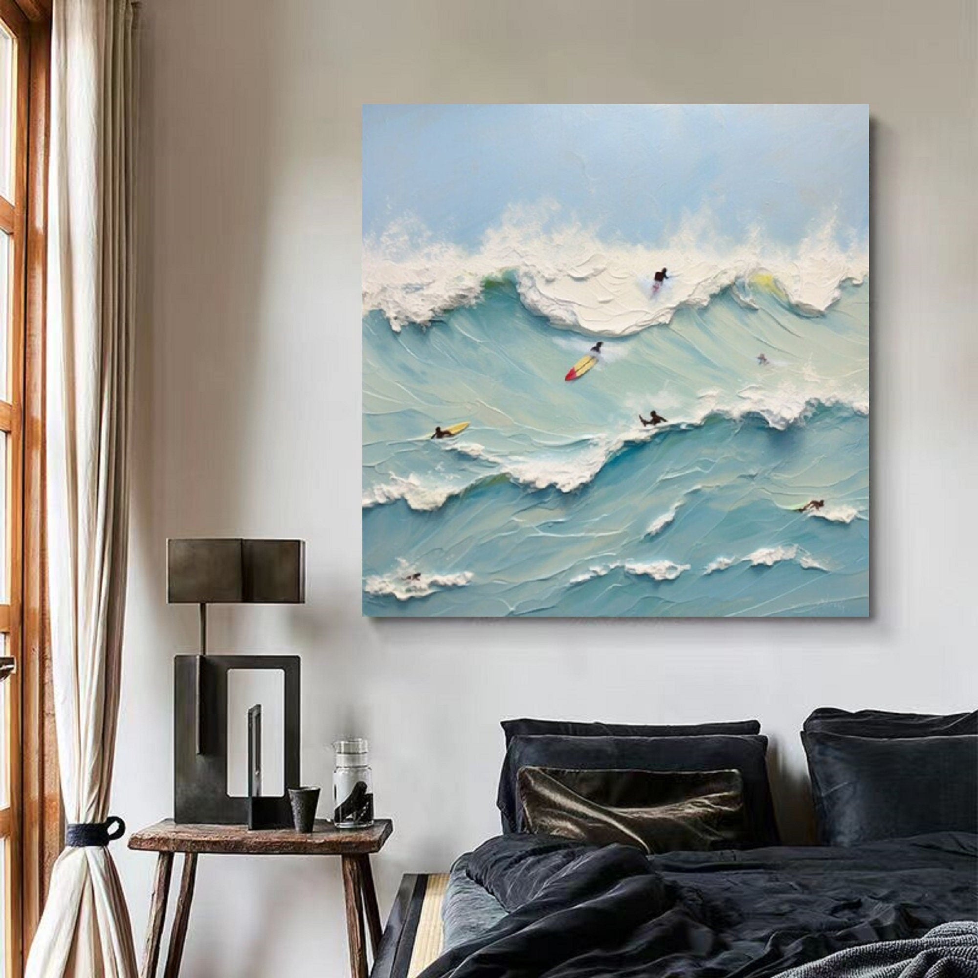 Surfing the Waves Oil Painting: Modern Ocean Sports Wall Art Decor#MM497