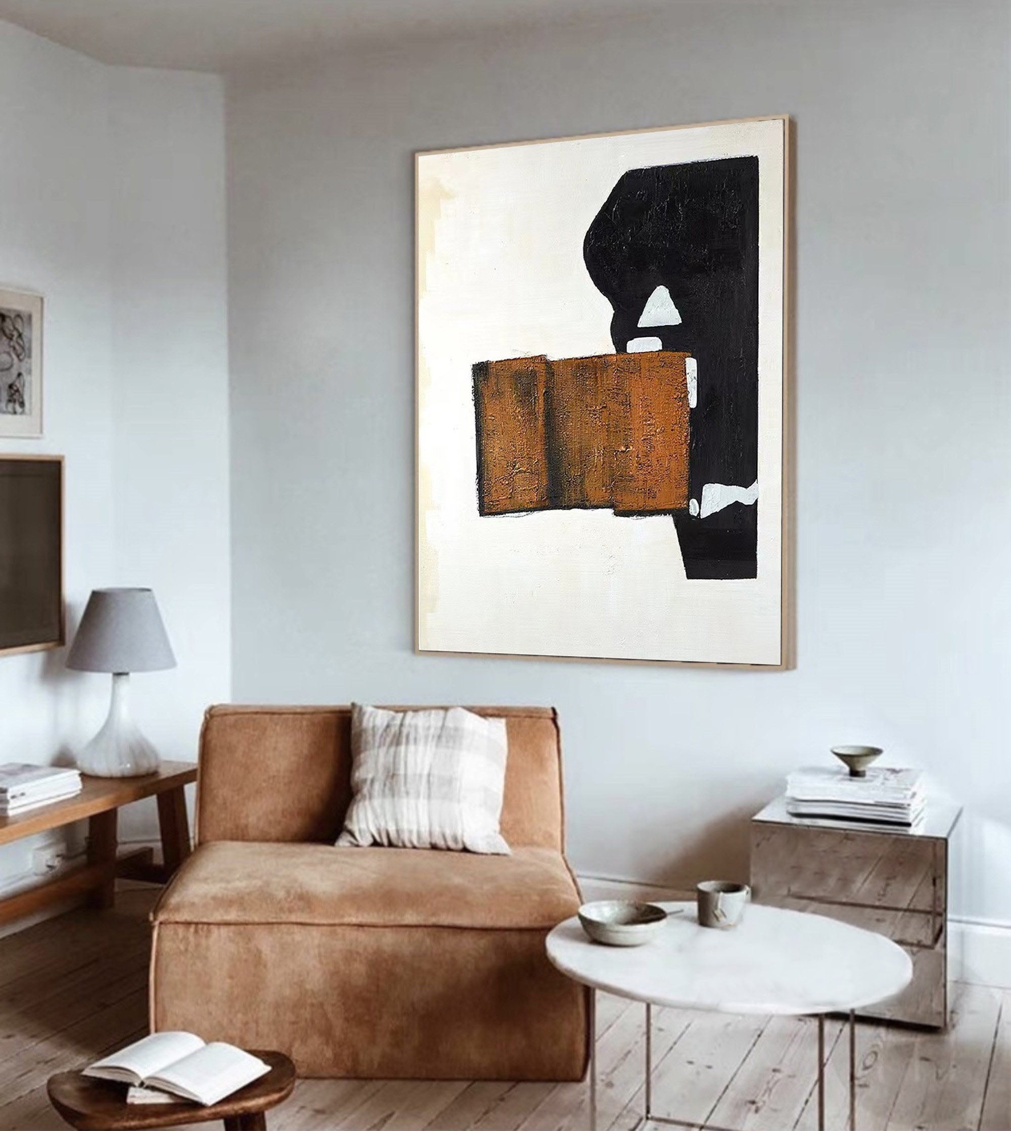 لوحة قماشية هندسية تجريدية منسوجة باللونين الأسود والأبيض والبني #MM313