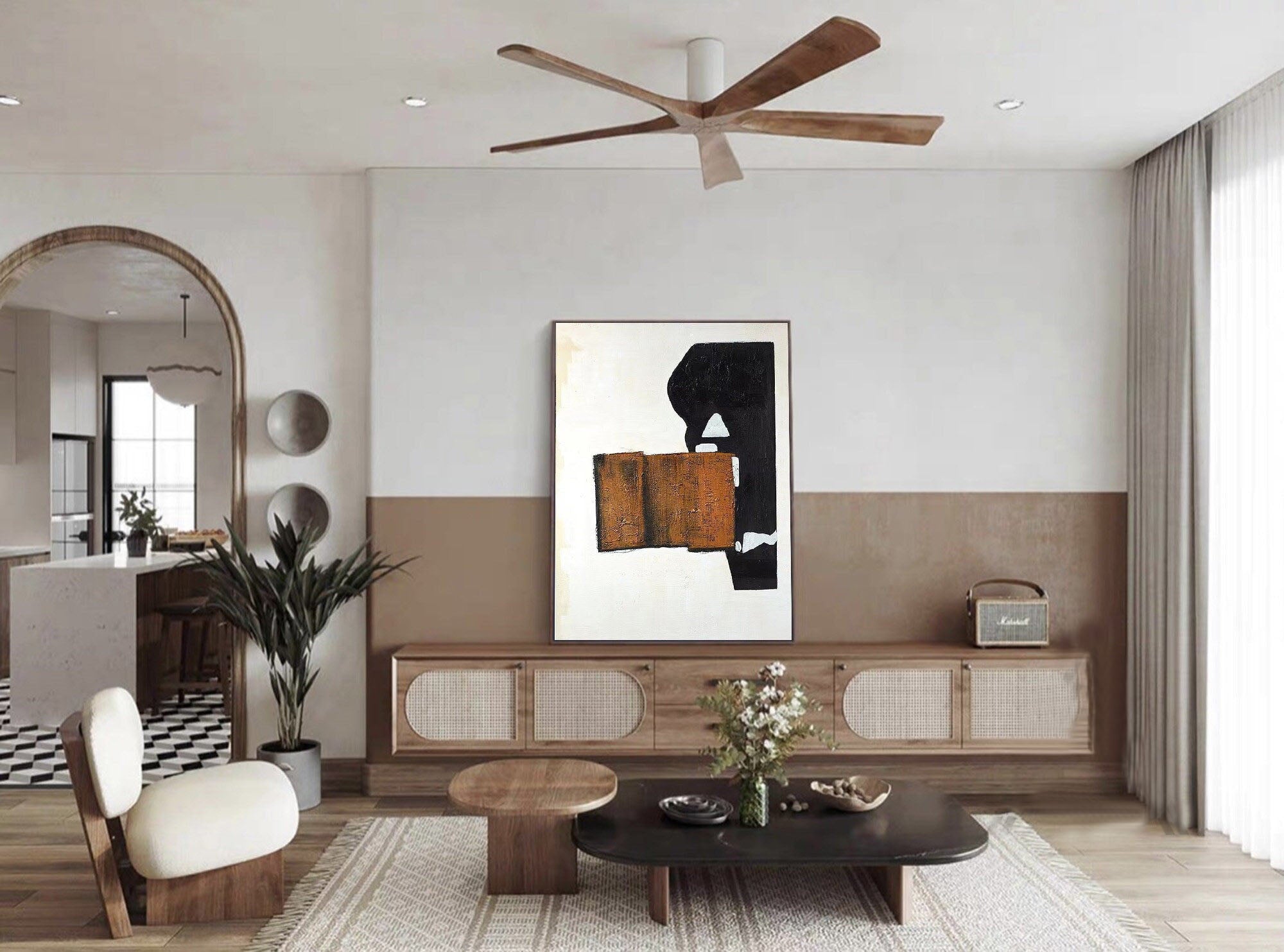 لوحة قماشية هندسية تجريدية منسوجة باللونين الأسود والأبيض والبني #MM313