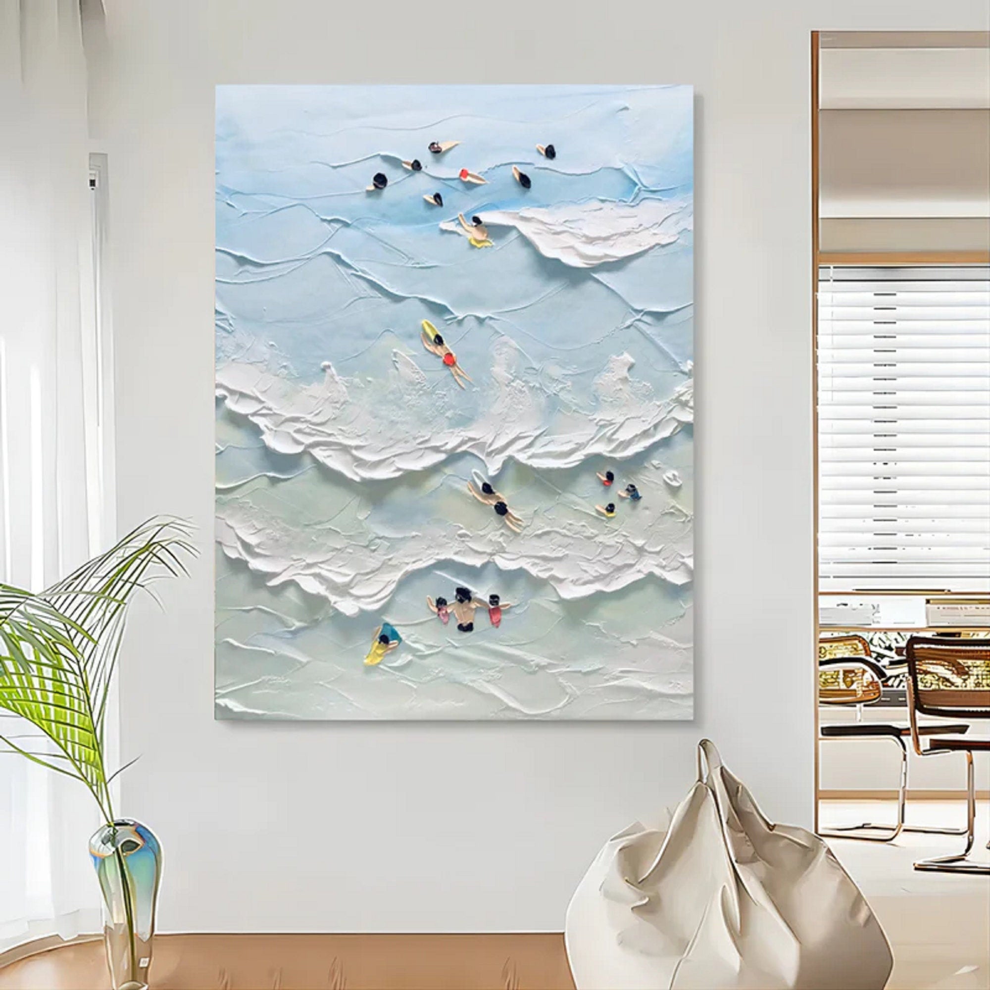 Coastal Play: 3D Textured Beach Scene, Aerial Swimmers Wall Art #MM485