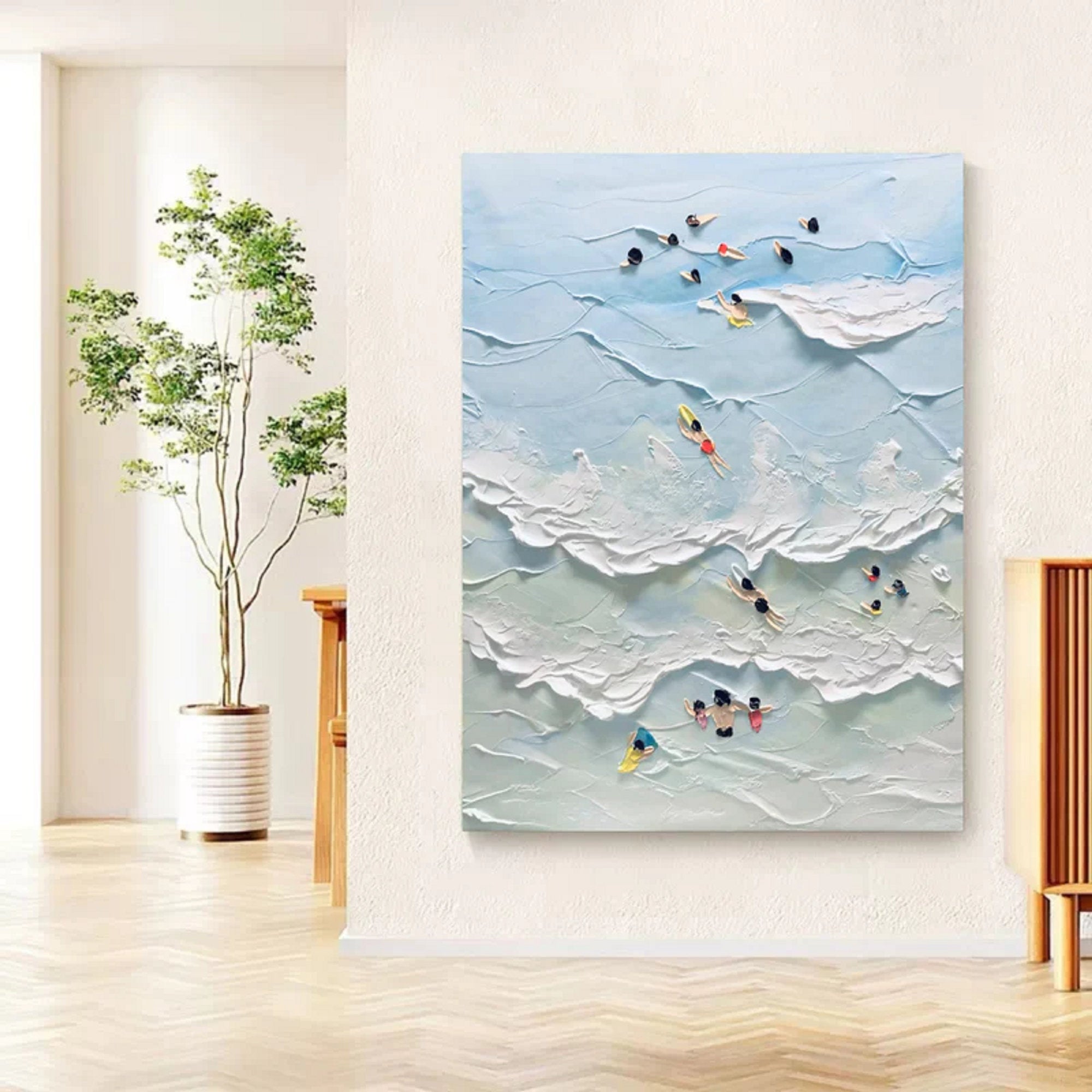 Coastal Play: 3D Textured Beach Scene, Aerial Swimmers Wall Art #MM485