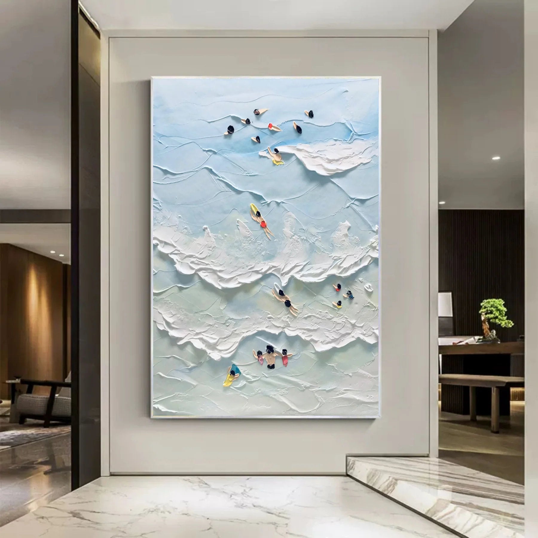 Coastal Play: 3D Textured Beach Scene, Aerial Swimmers Wall Art #MM485