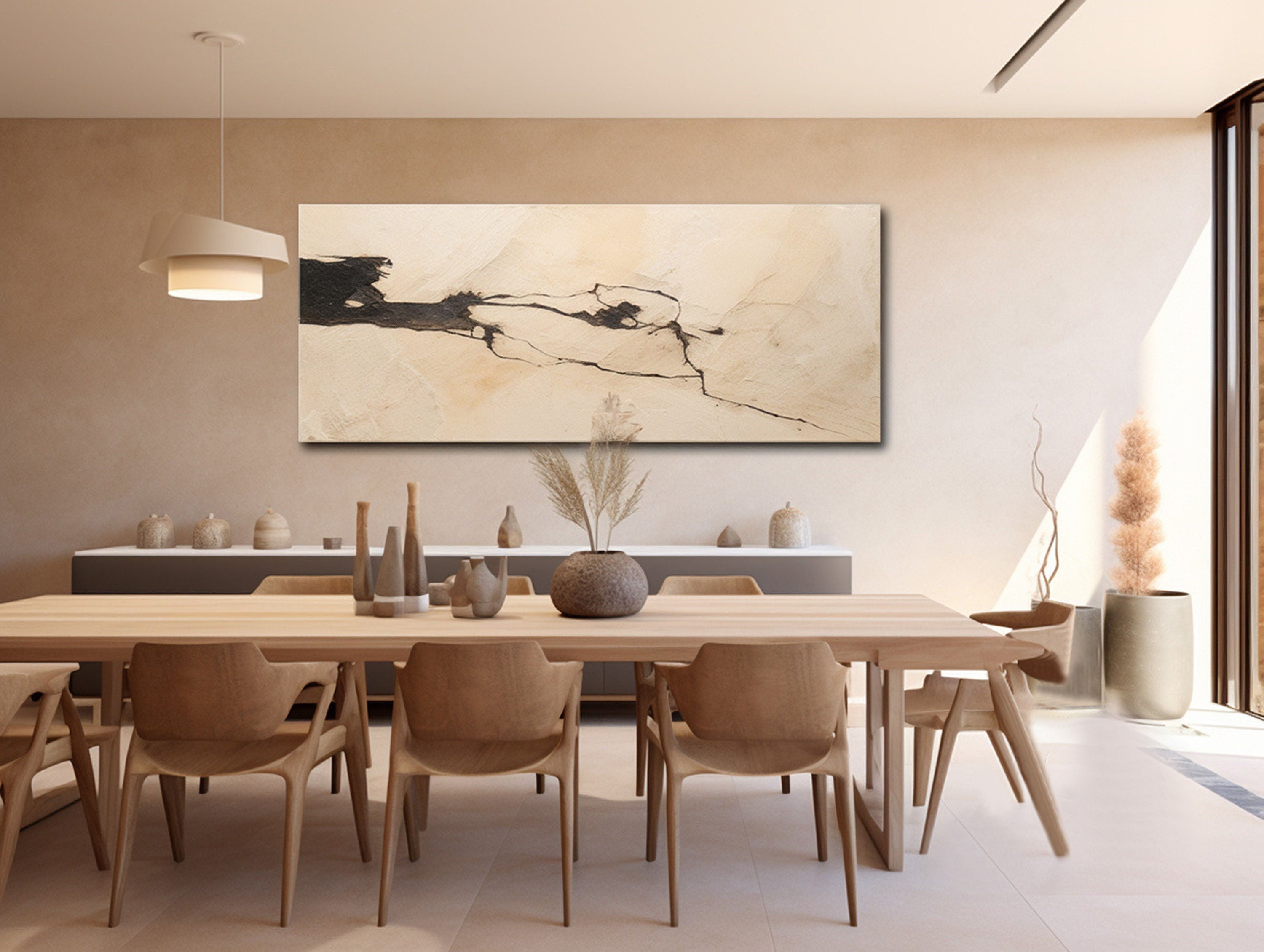 لوحة جدارية تجريدية كبيرة الحجم باللون البيج العضوي من نوع وابي سابي #MM311