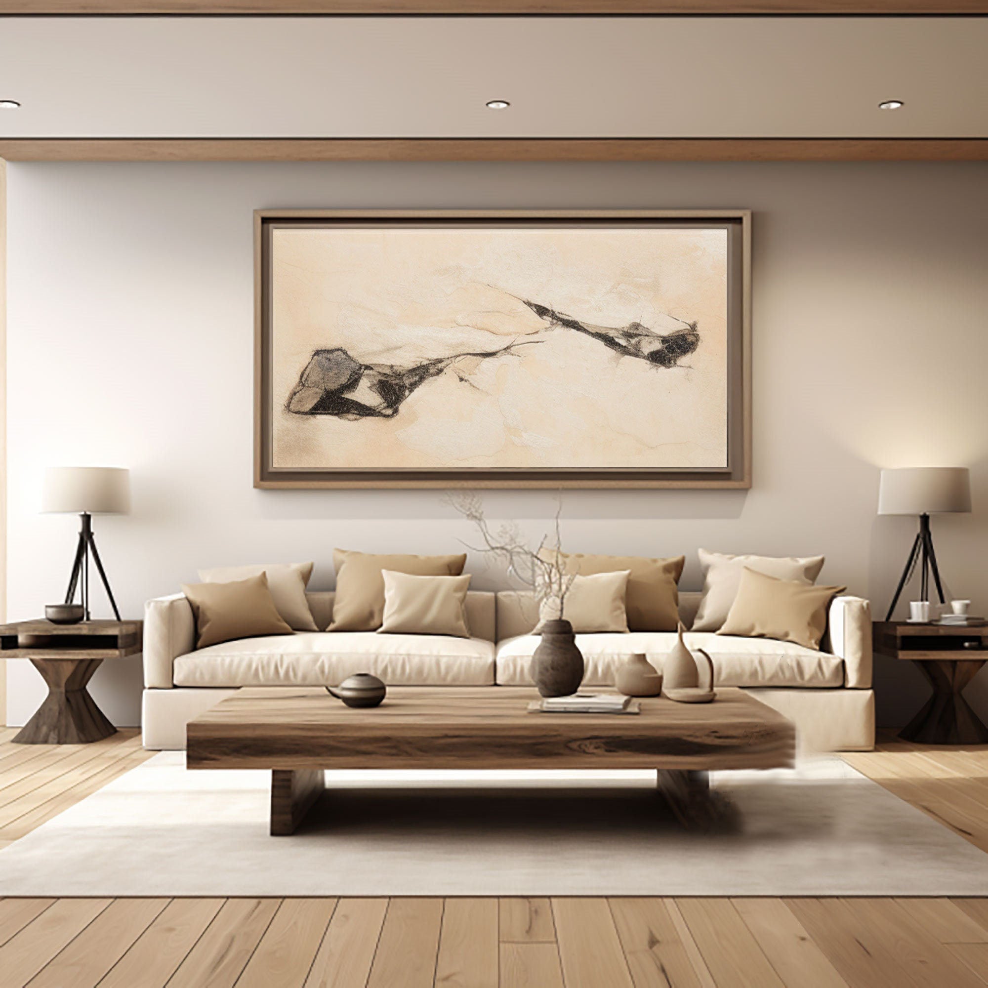 لوحة فنية جدارية تجريدية كبيرة الحجم باللون البيج بتصميم خطوط متدفقة على طراز بوهو #MM295