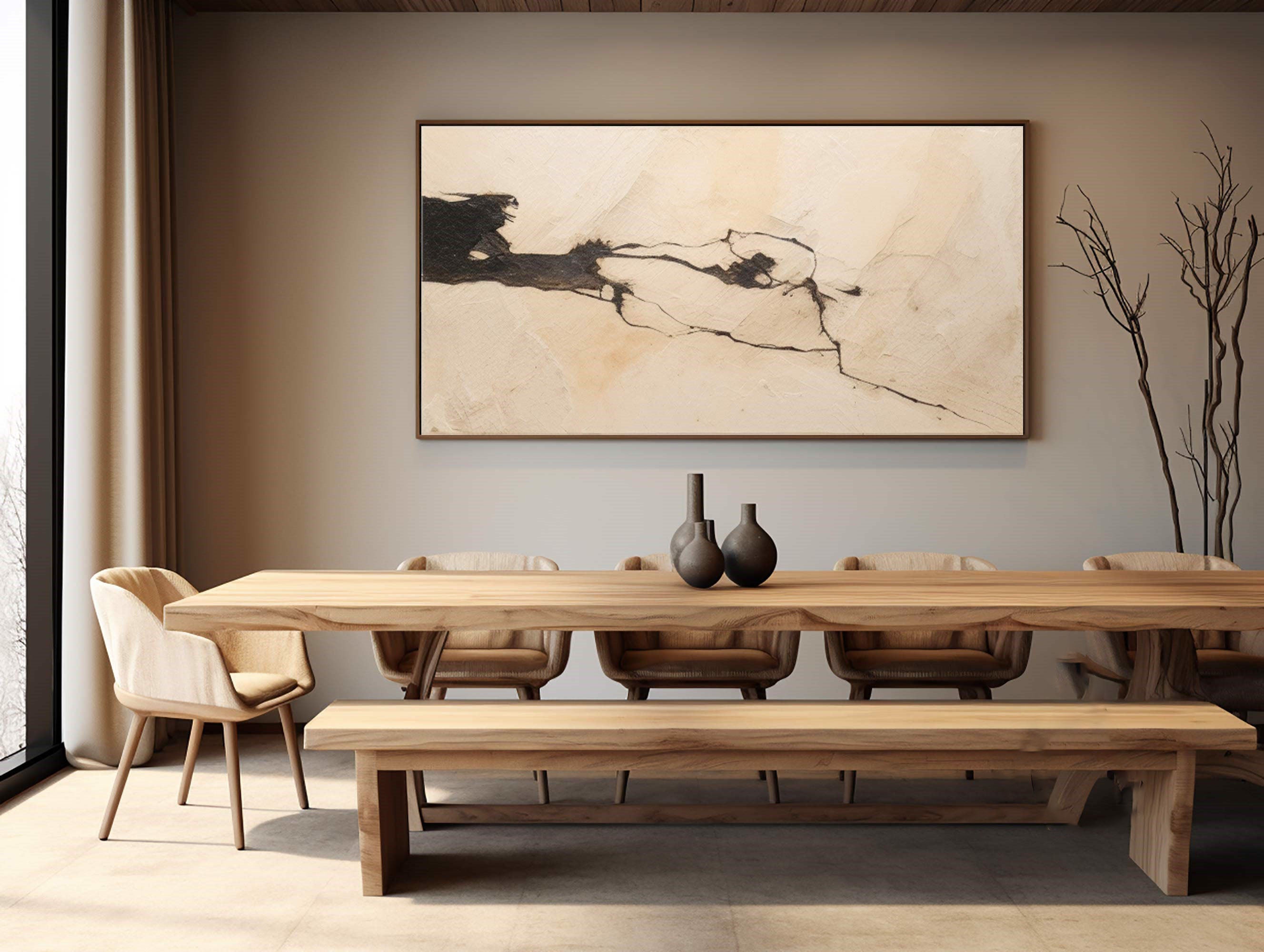 لوحة جدارية تجريدية كبيرة الحجم باللون البيج العضوي من نوع وابي سابي #MM311