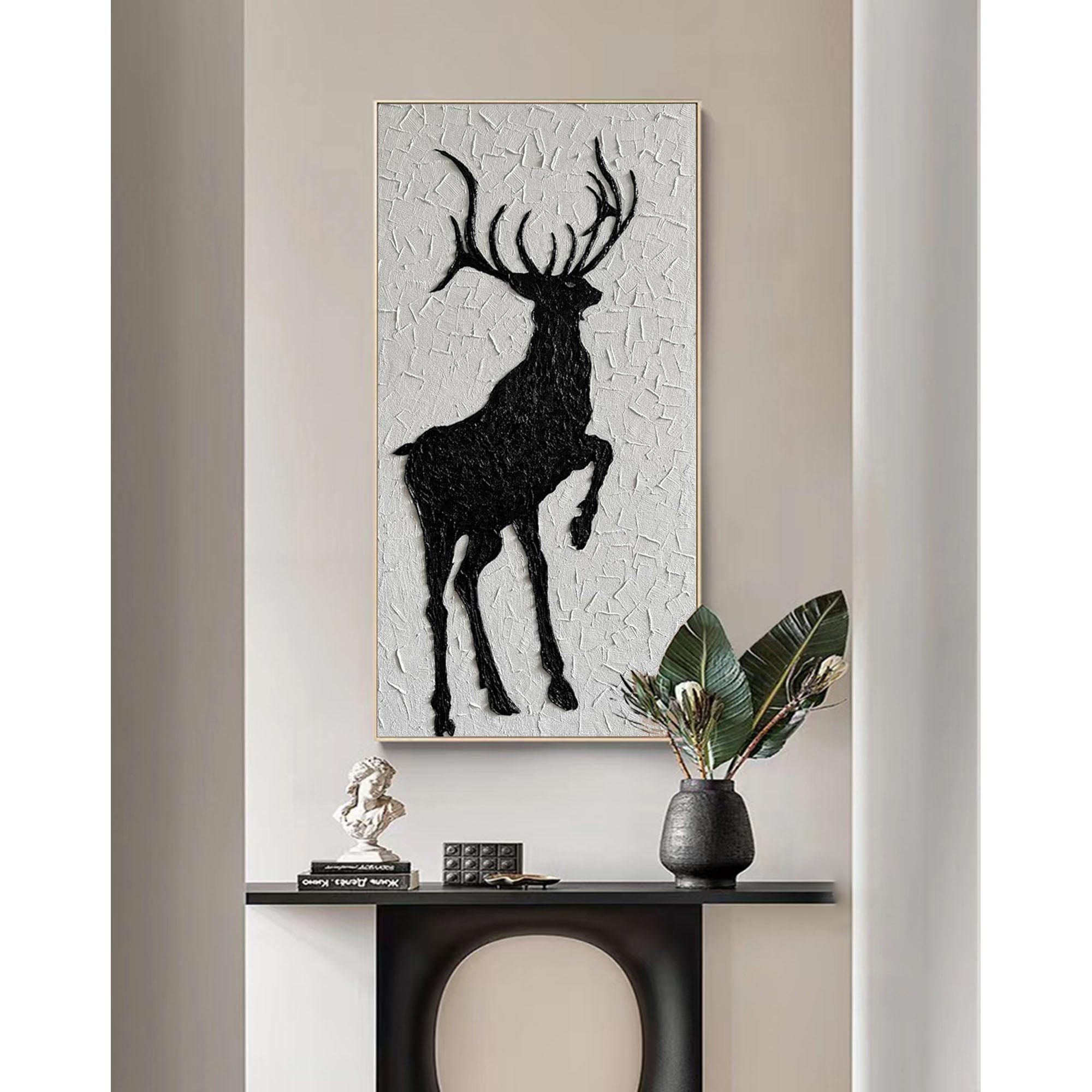 Black and White Deer Wall Art – 3D Textured Modern Rustic Canvas Decor #MM471
