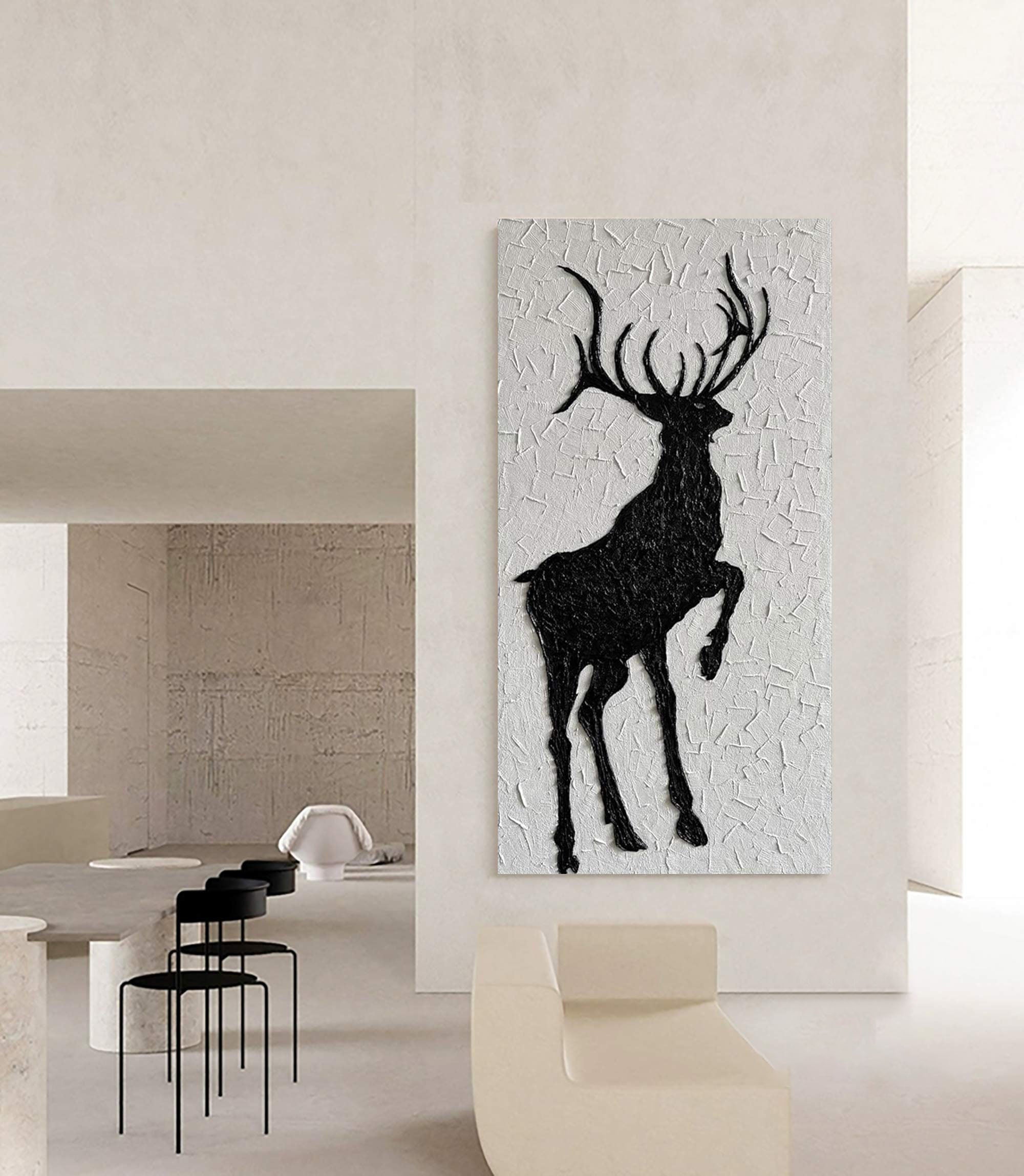 Black and White Deer Wall Art – 3D Textured Modern Rustic Canvas Decor #MM471
