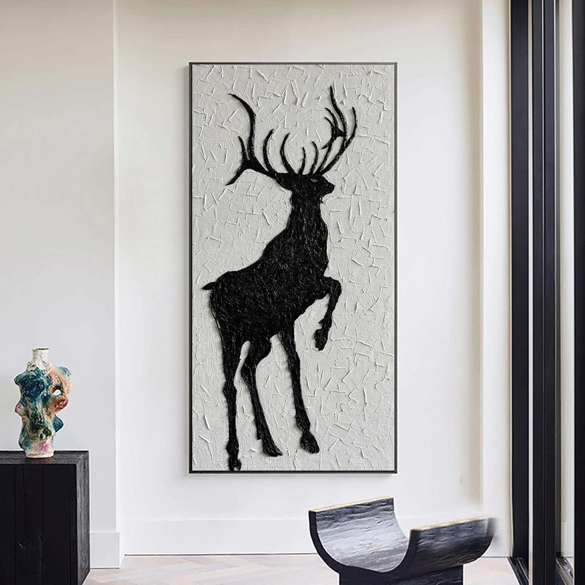 Black and White Deer Wall Art – 3D Textured Modern Rustic Canvas Decor #MM471