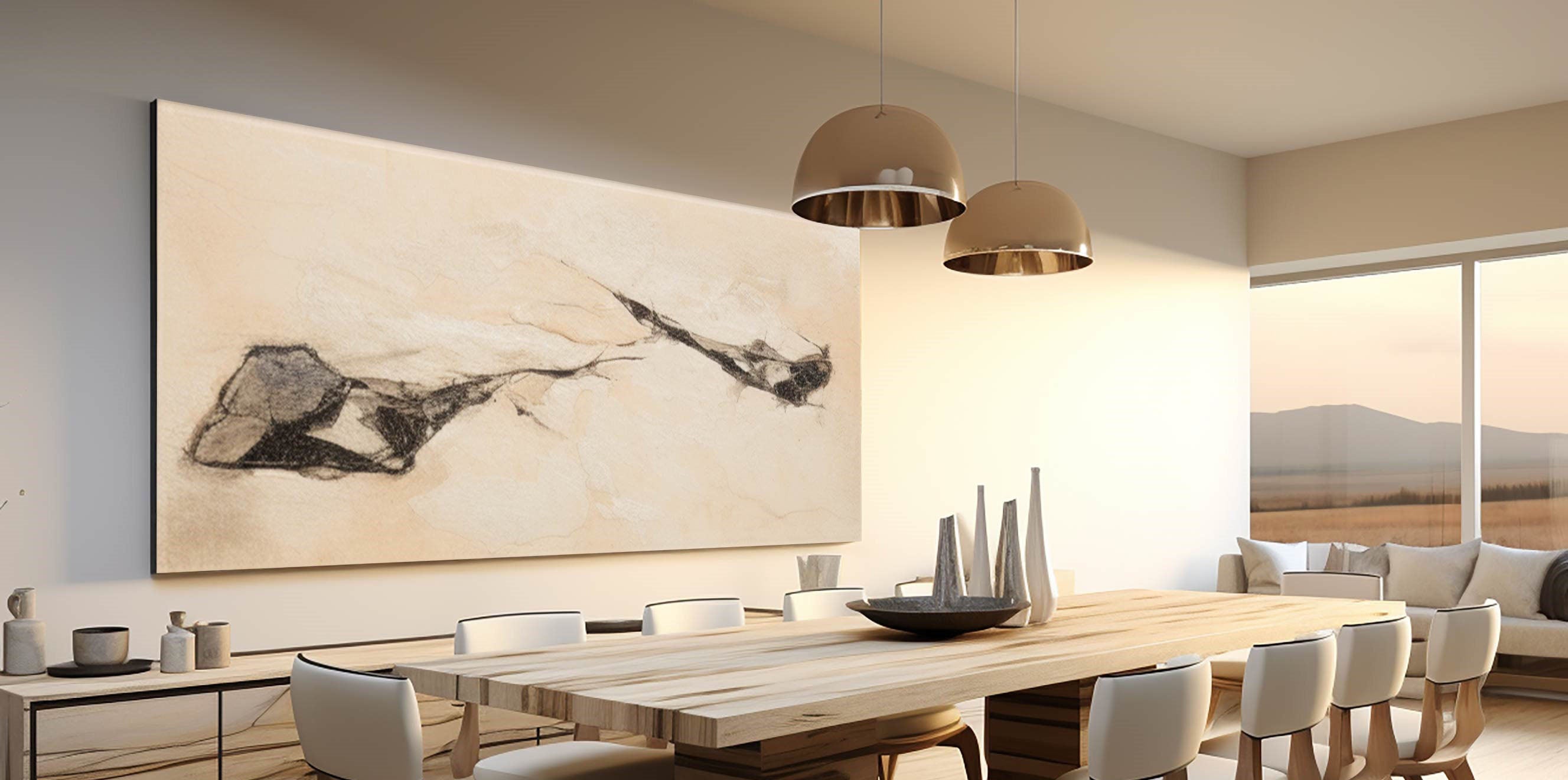 لوحة فنية جدارية تجريدية كبيرة الحجم باللون البيج بتصميم خطوط متدفقة على طراز بوهو #MM295