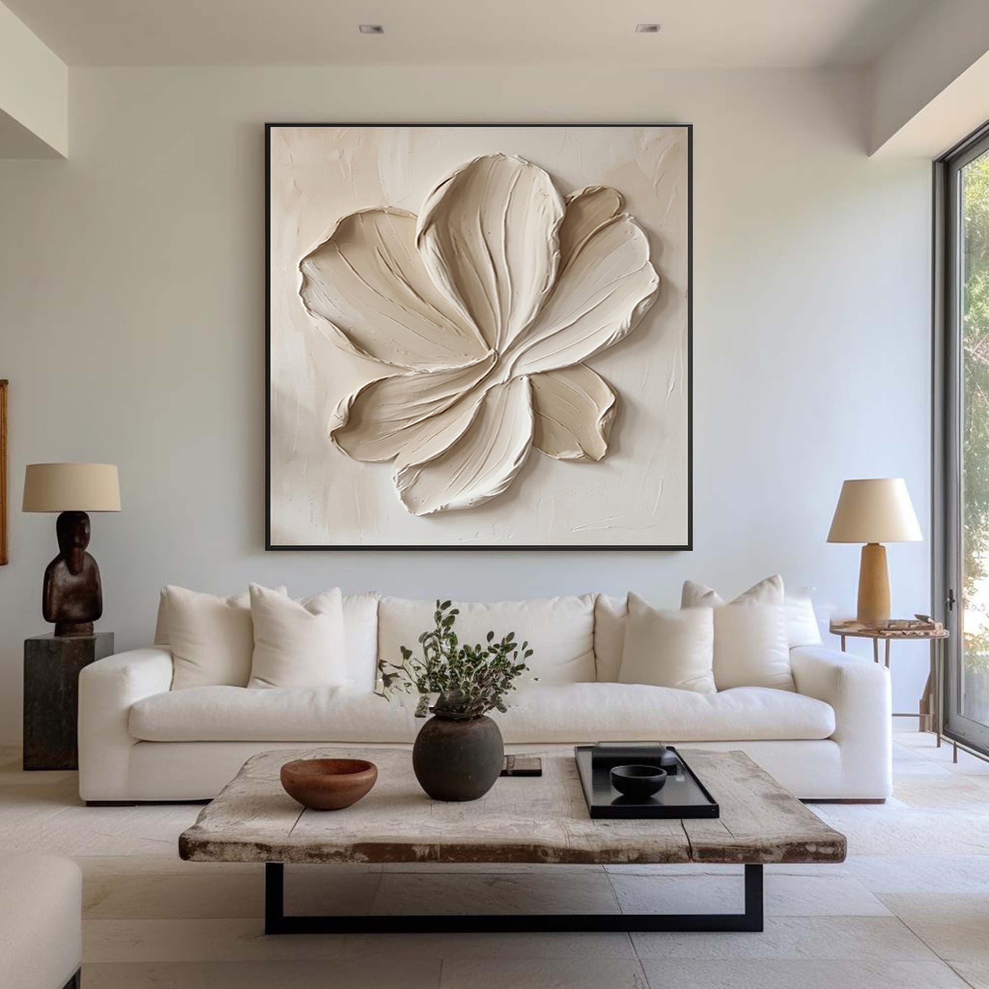 Large Cream Textured Flower Canvas Art Modern Wall Decor