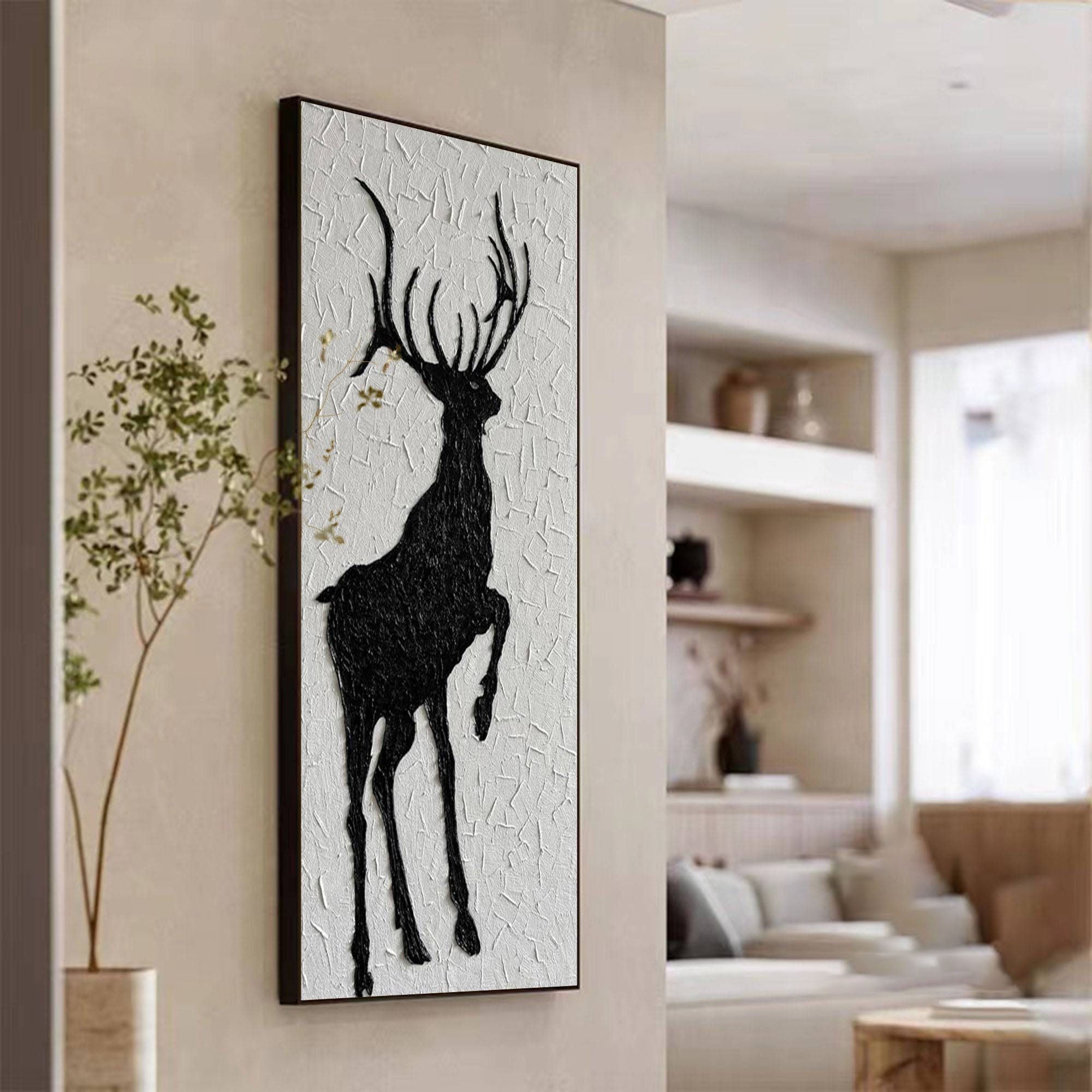 Black and White Deer Wall Art – 3D Textured Modern Rustic Canvas Decor #MM471