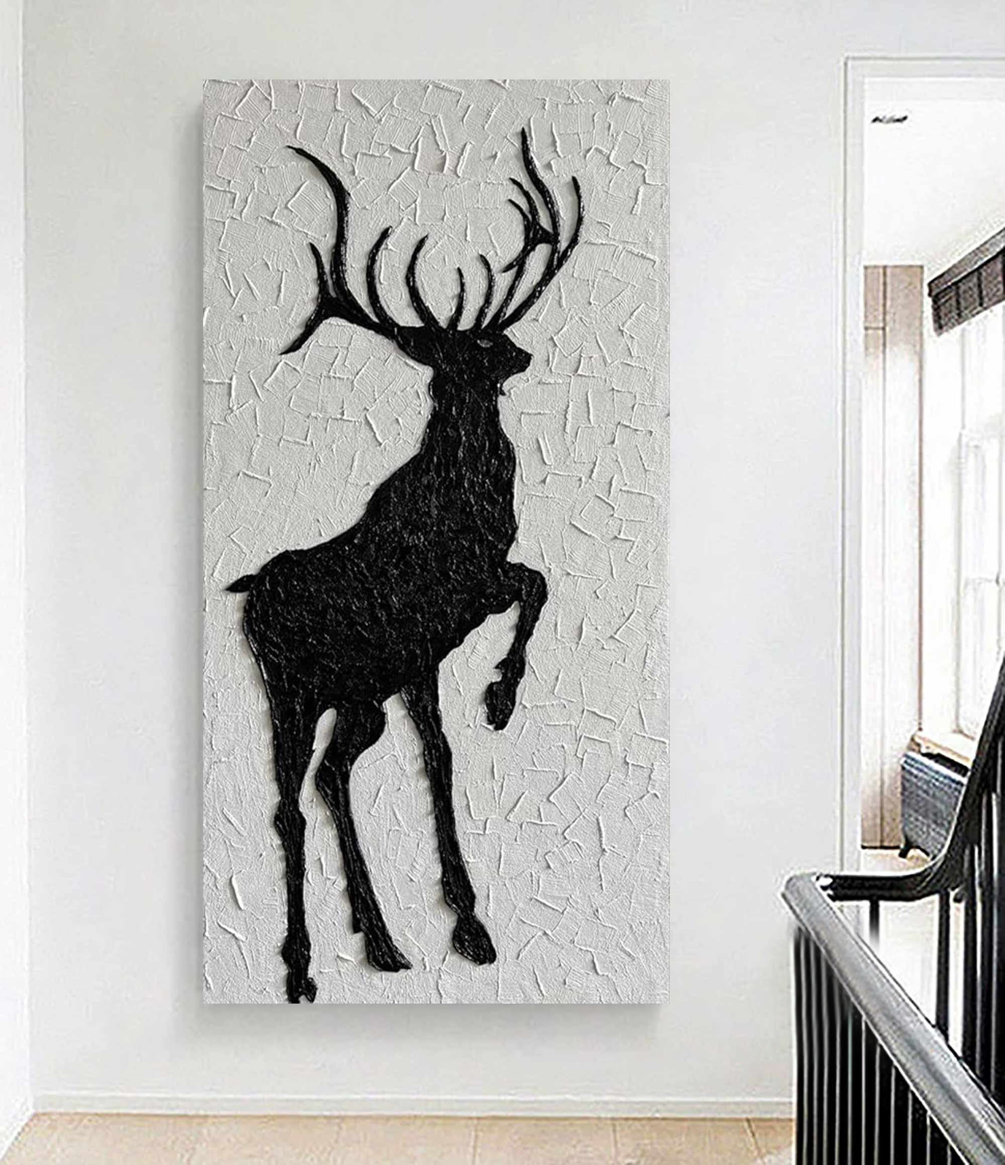 Black and White Deer Wall Art – 3D Textured Modern Rustic Canvas Decor #MM471