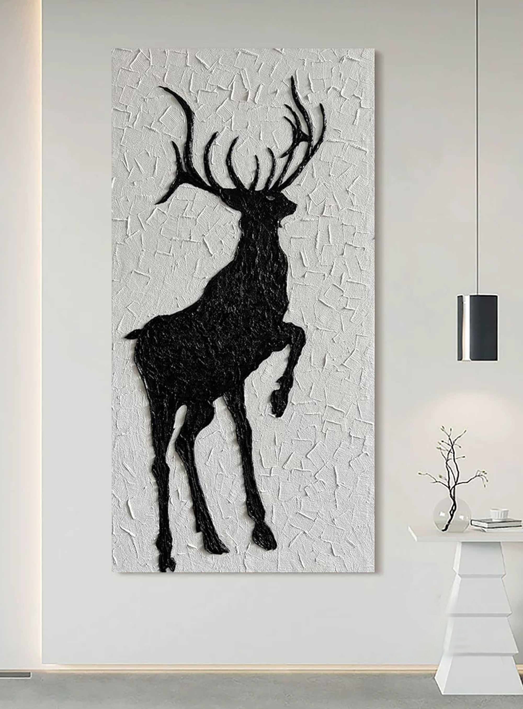 Black and White Deer Wall Art – 3D Textured Modern Rustic Canvas Decor #MM471