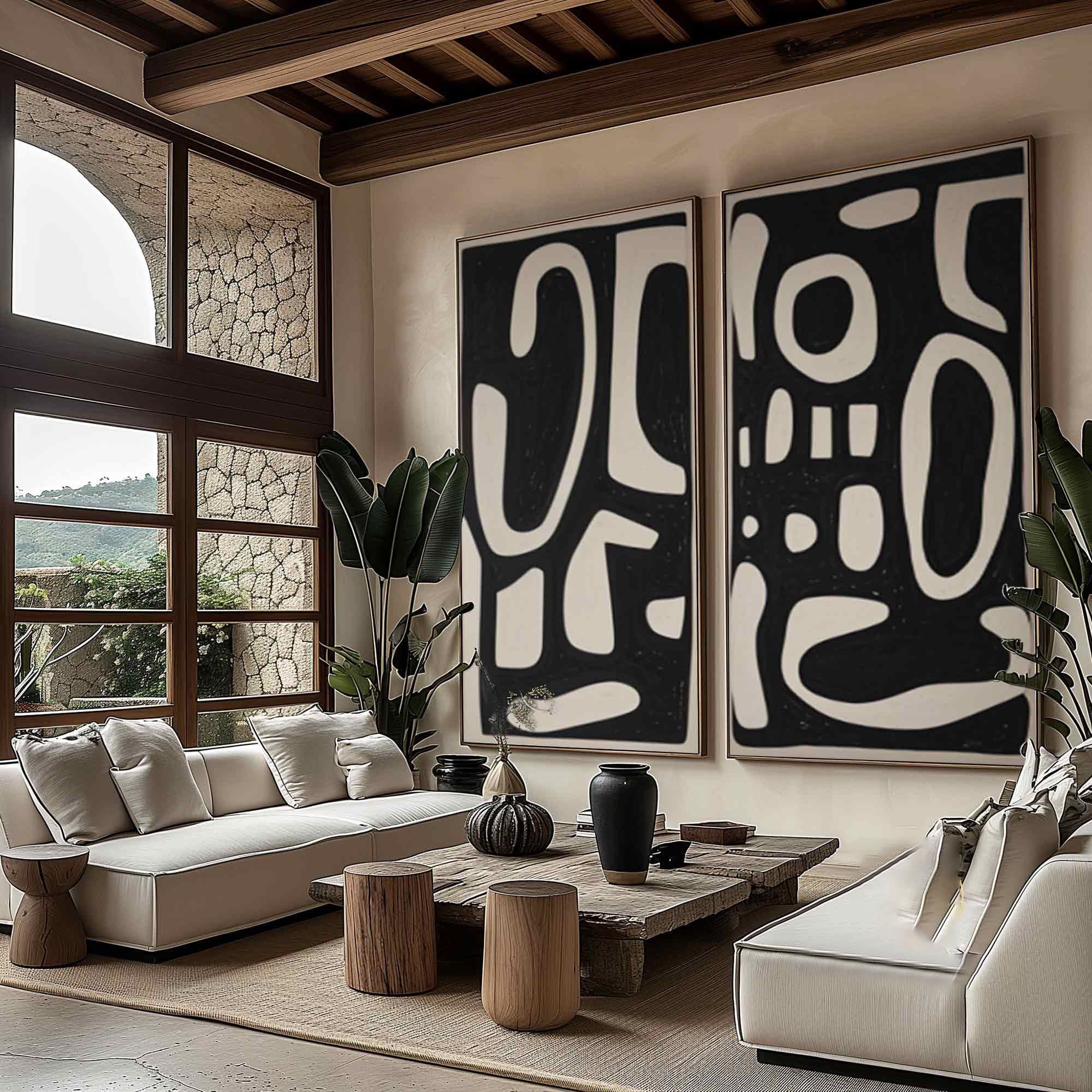 Shadowed Script: Bold Pattern Art Set, Black & Beige Wall Decor #MM479