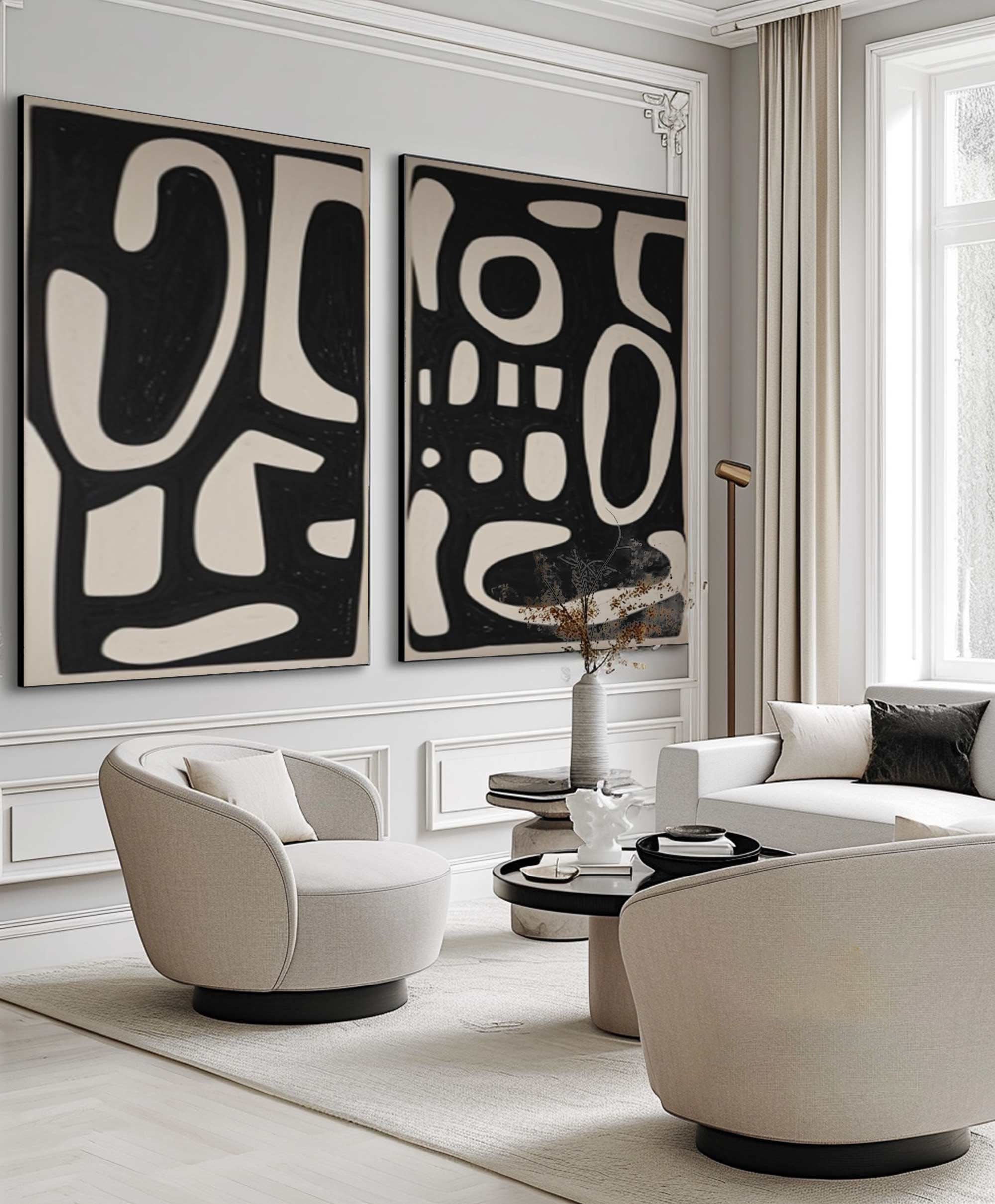 Shadowed Script: Bold Pattern Art Set, Black & Beige Wall Decor #MM479