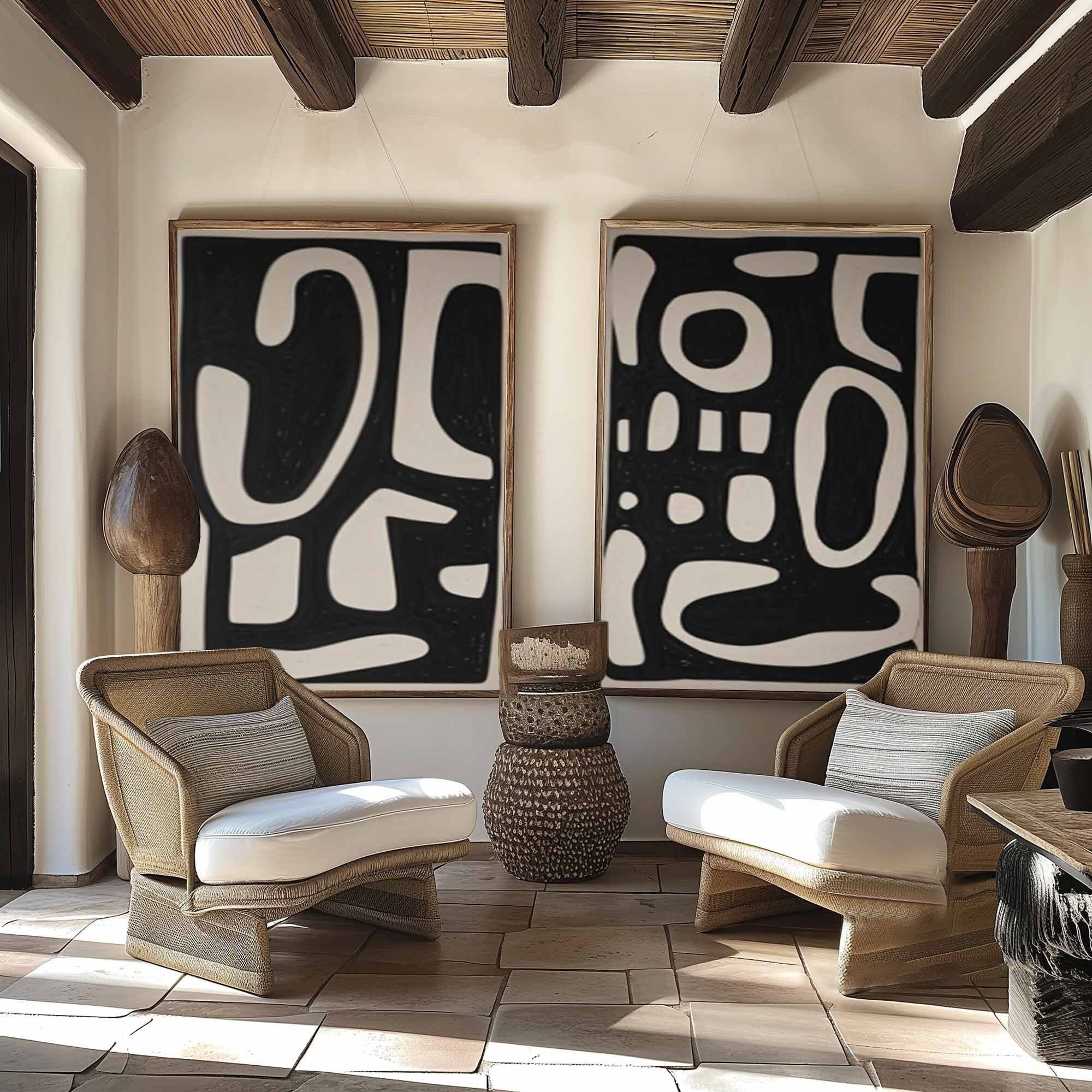 Shadowed Script: Bold Pattern Art Set, Black & Beige Wall Decor #MM479