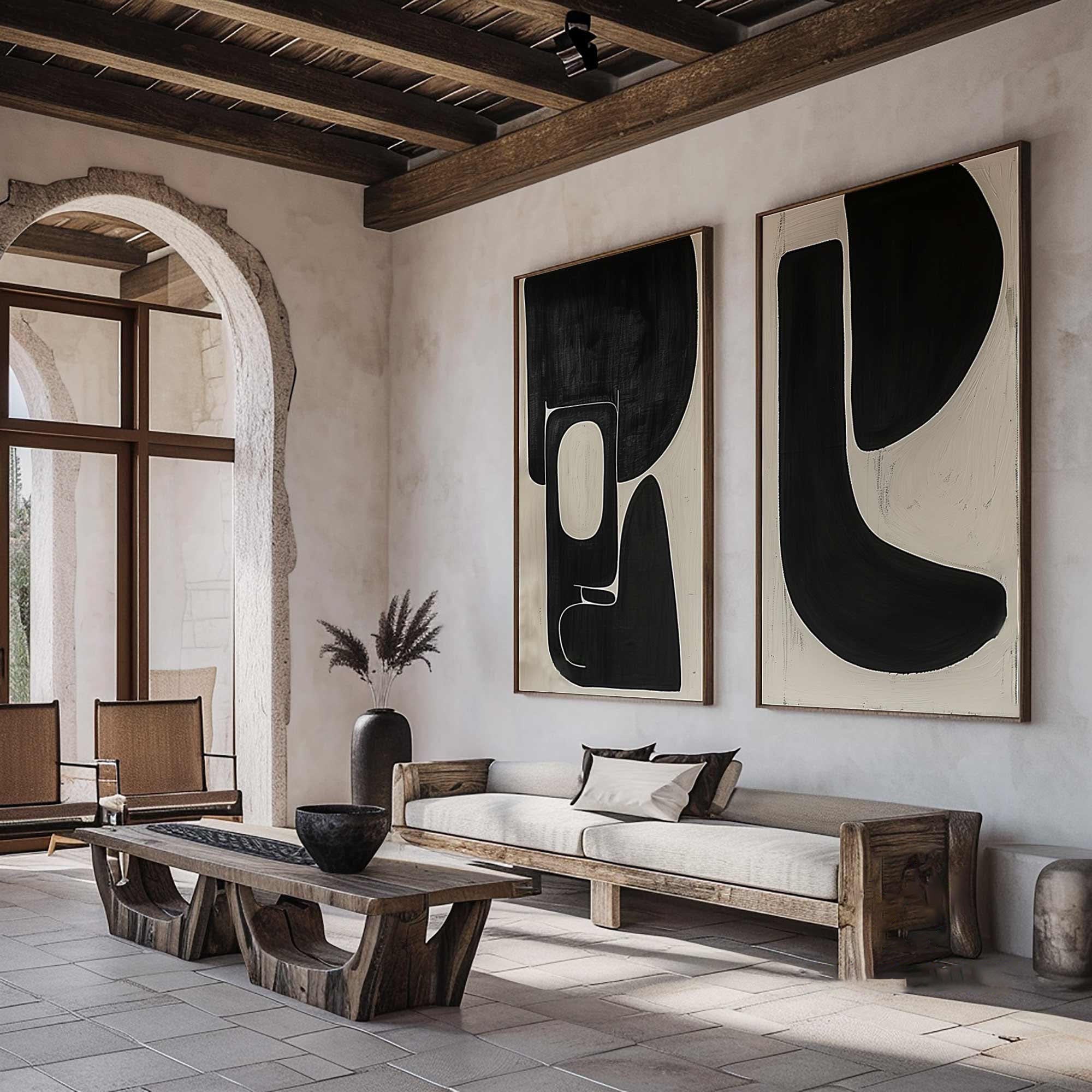 Dynamic Duet: Modern Black & Beige Art, Graphic Abstract Set #MM483