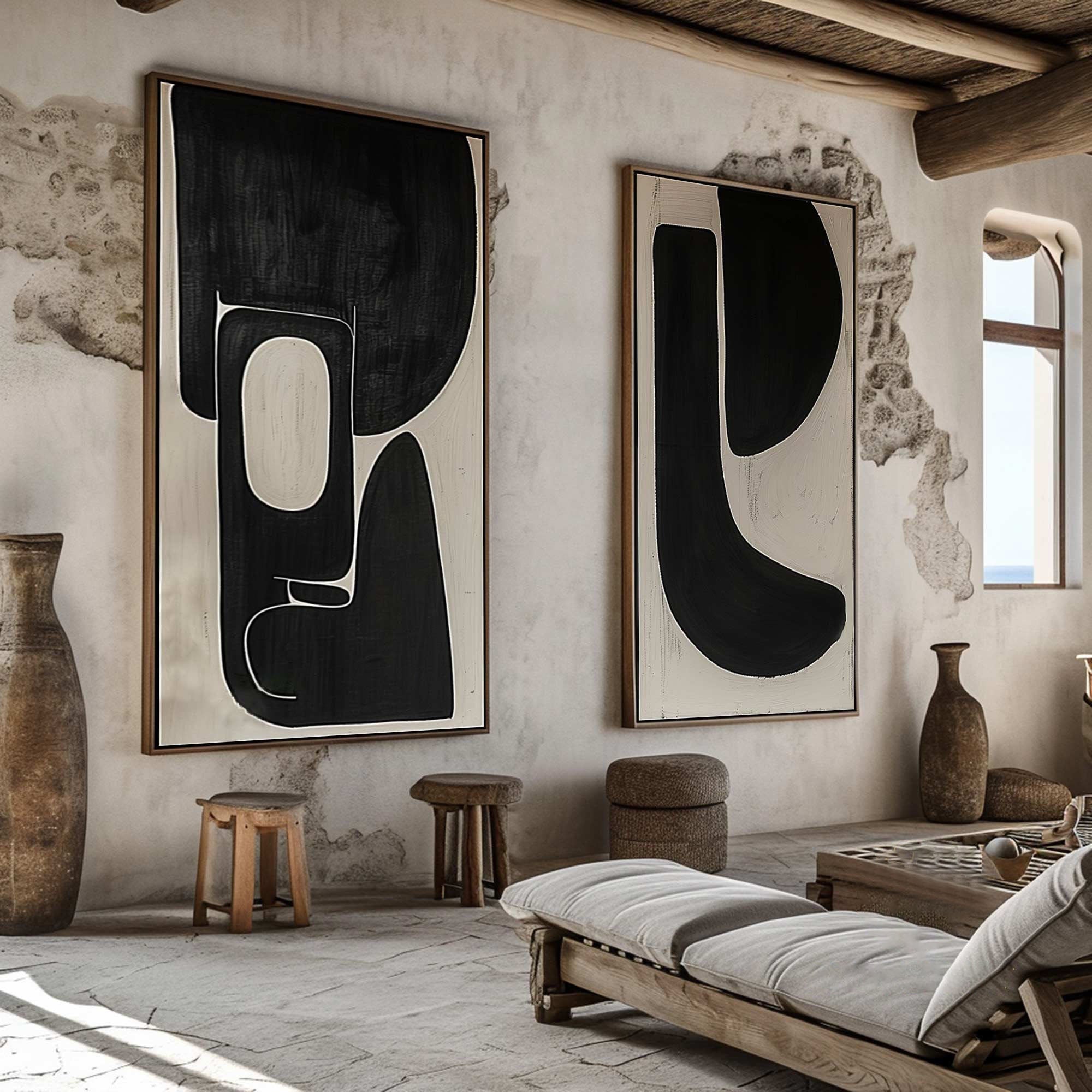 Dynamic Duet: Modern Black & Beige Art, Graphic Abstract Set #MM483
