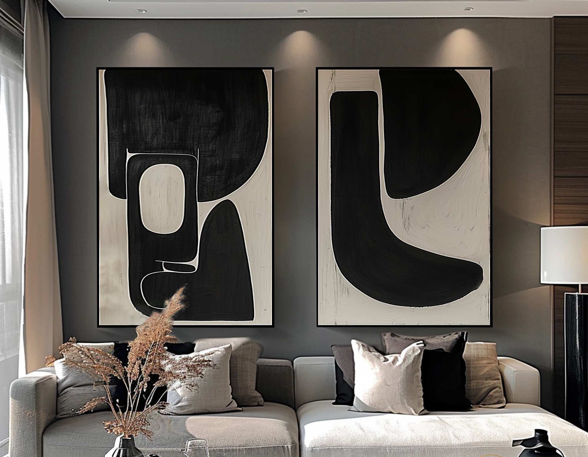 Dynamic Duet: Modern Black & Beige Art, Graphic Abstract Set #MM483