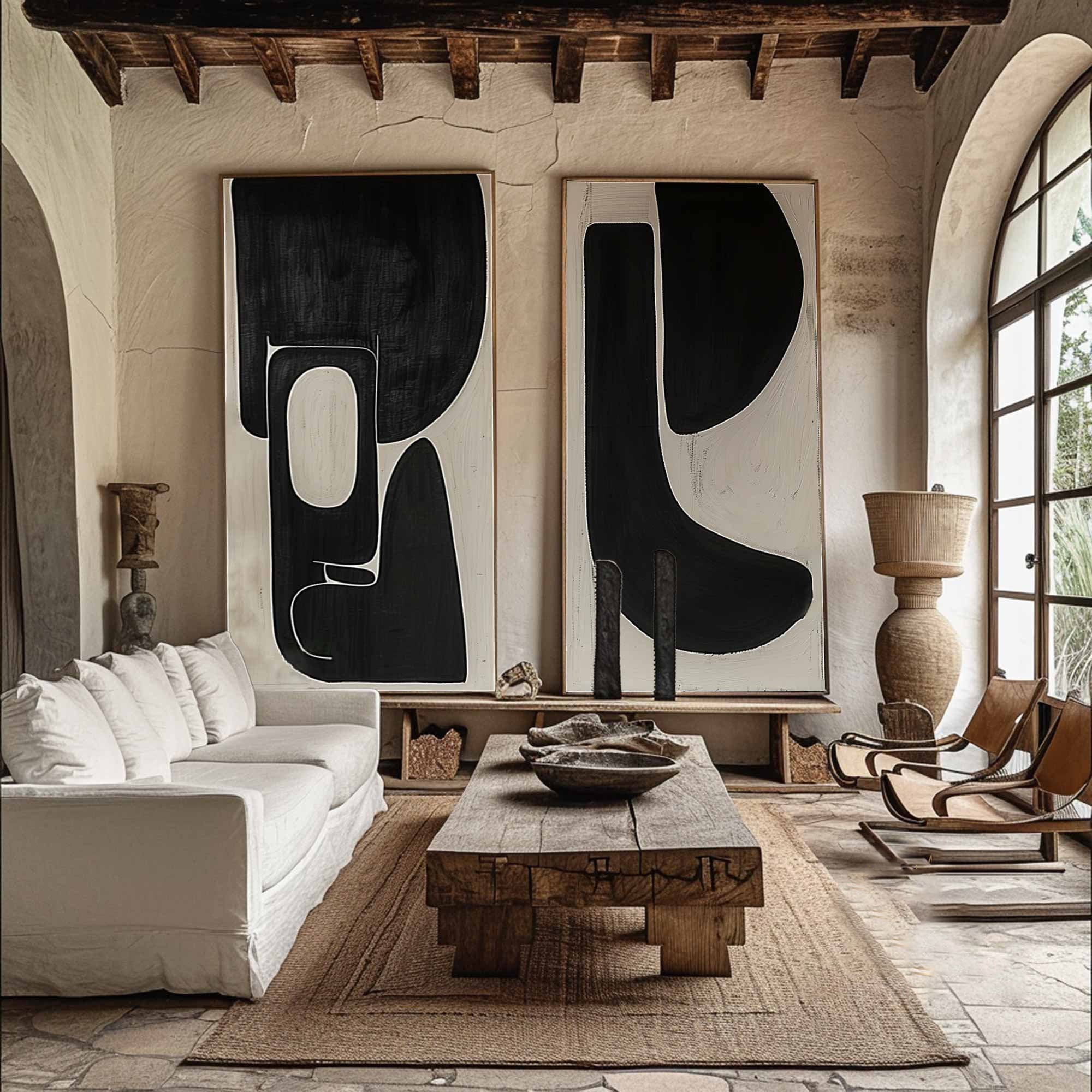 Dynamic Duet: Modern Black & Beige Art, Graphic Abstract Set #MM483
