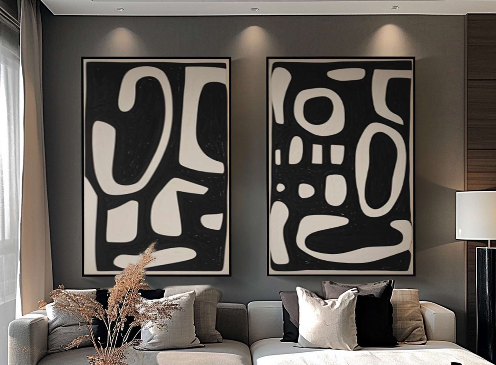 Shadowed Script: Bold Pattern Art Set, Black & Beige Wall Decor #MM479