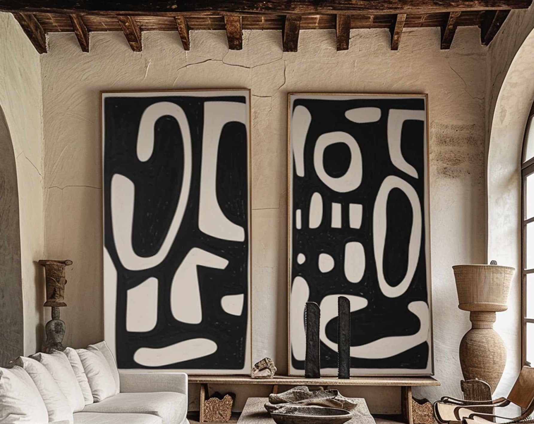 Shadowed Script: Bold Pattern Art Set, Black & Beige Wall Decor #MM479