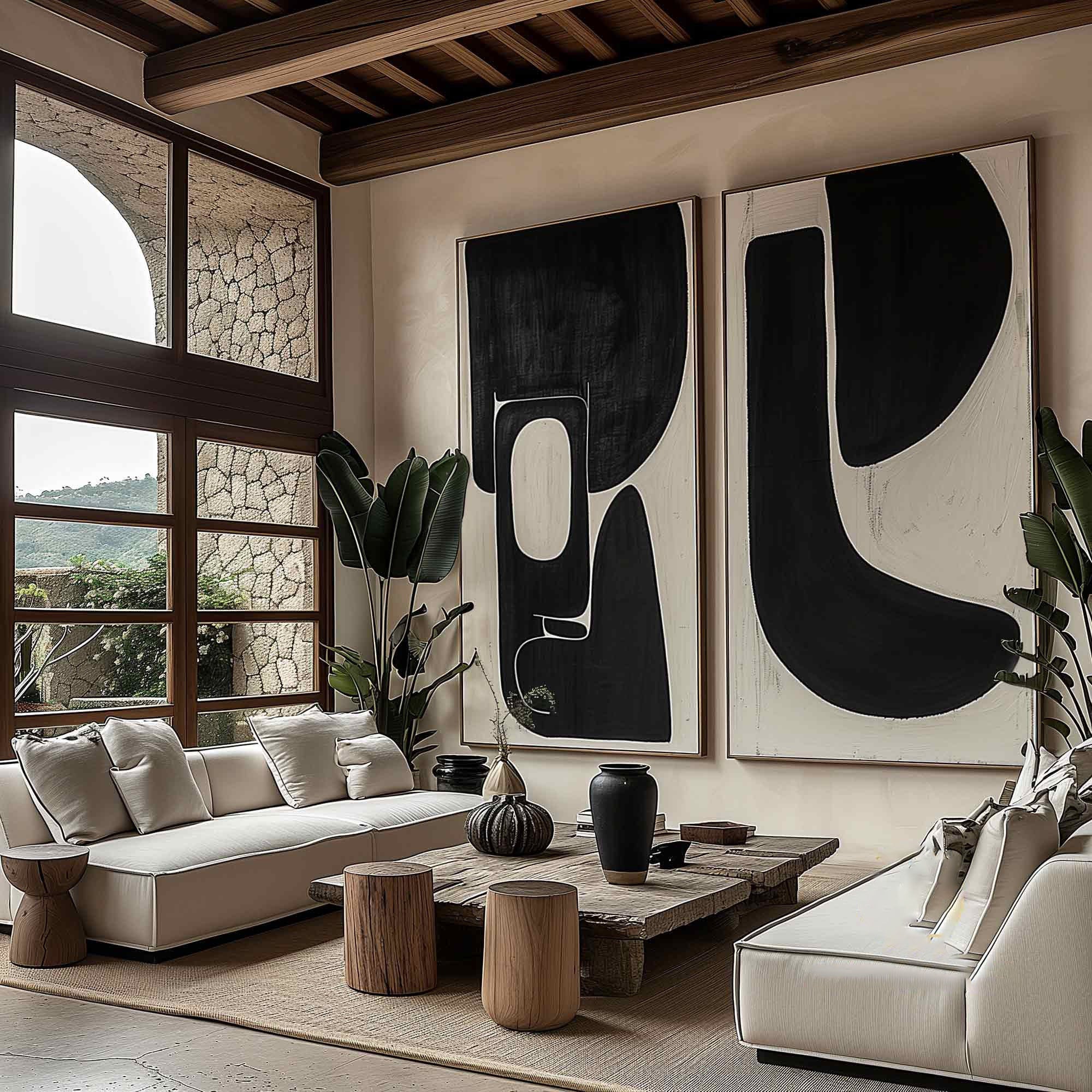 Dynamic Duet: Modern Black & Beige Art, Graphic Abstract Set #MM483