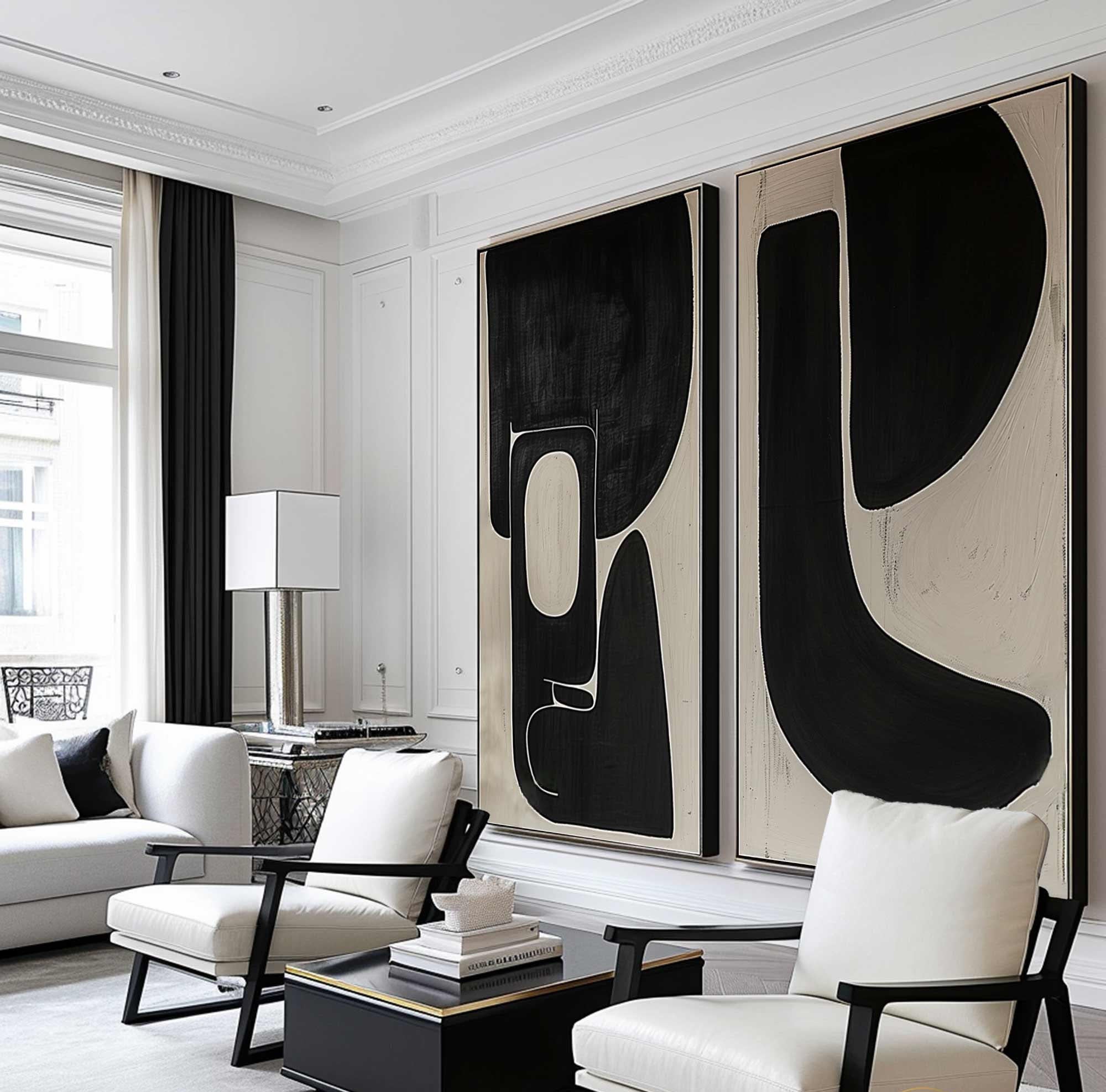 Dynamic Duet: Modern Black & Beige Art, Graphic Abstract Set #MM483