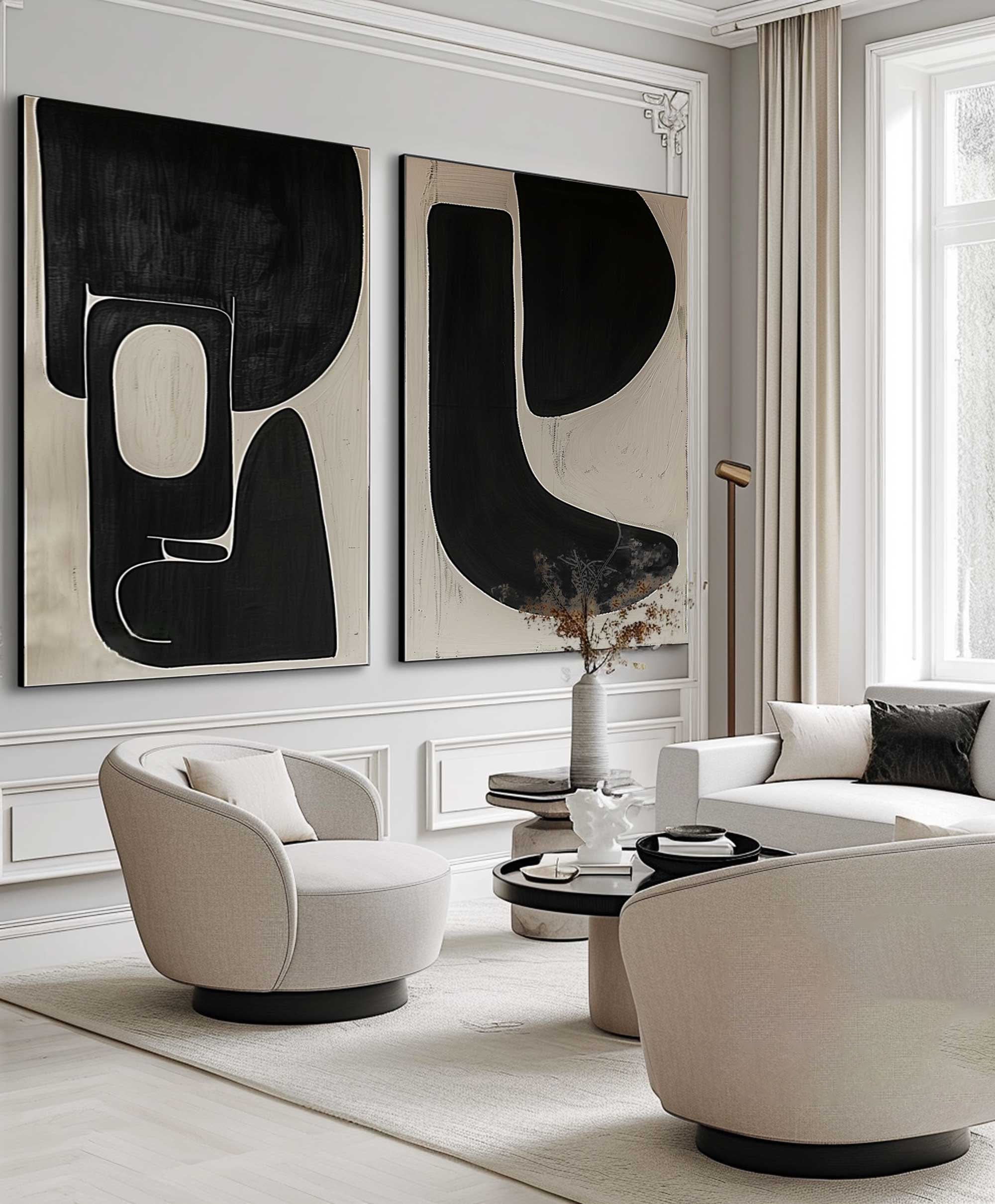 Dynamic Duet: Modern Black & Beige Art, Graphic Abstract Set #MM483