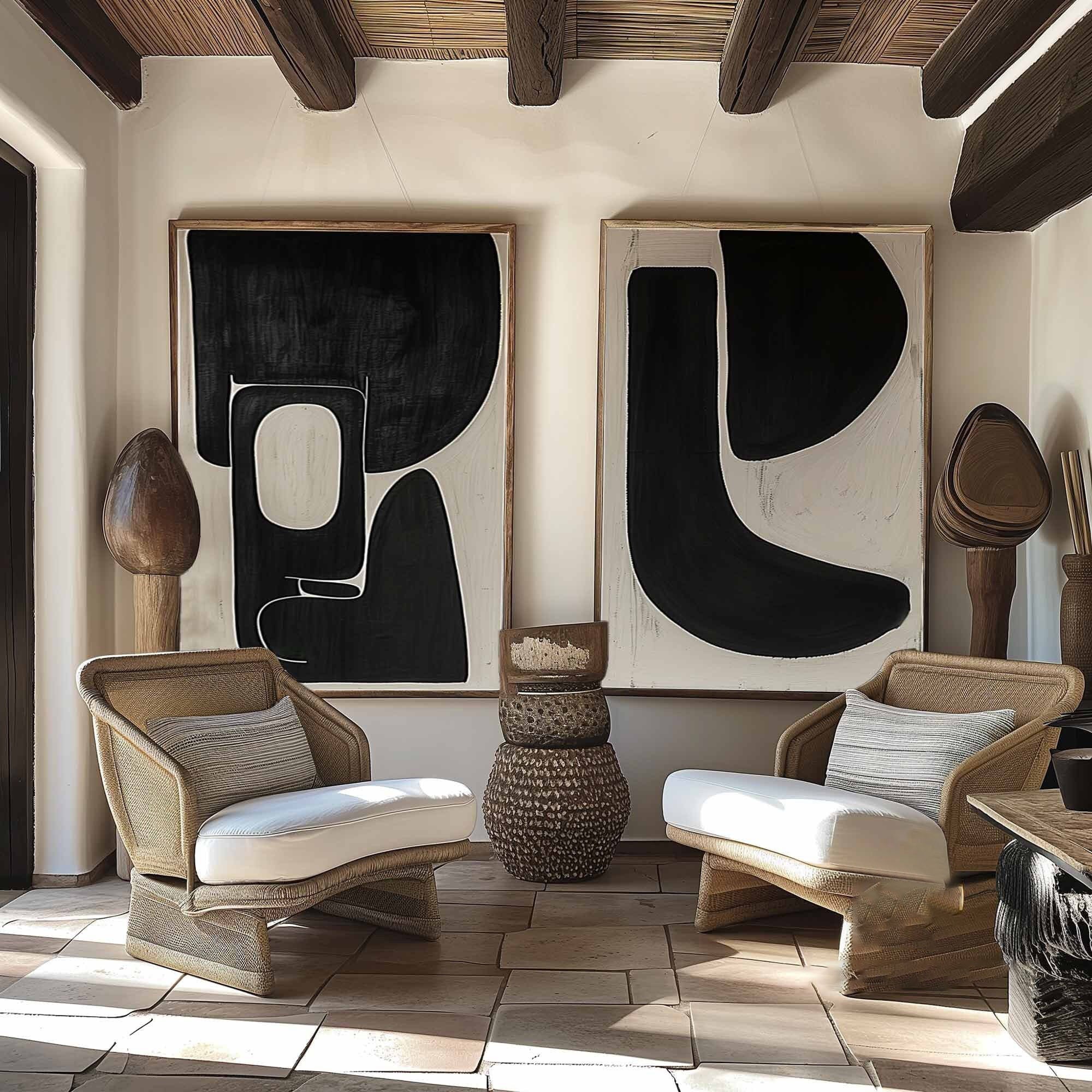 Dynamic Duet: Modern Black & Beige Art, Graphic Abstract Set #MM483