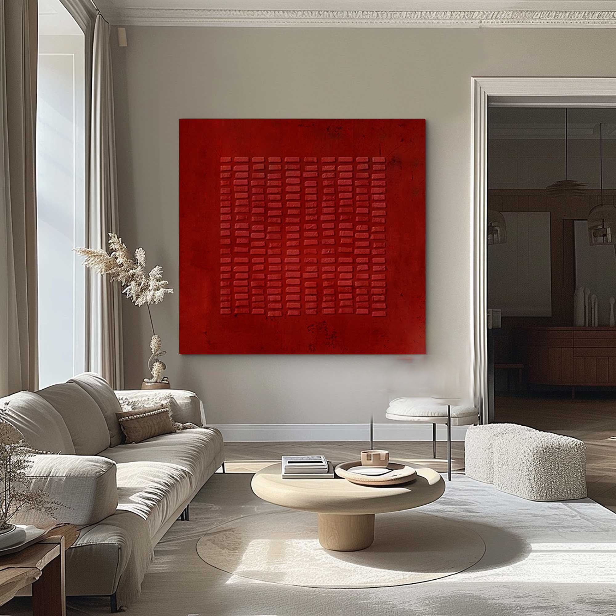 Crimson Grid: Red Textured Abstract, Bold Contemporary Art #MM482