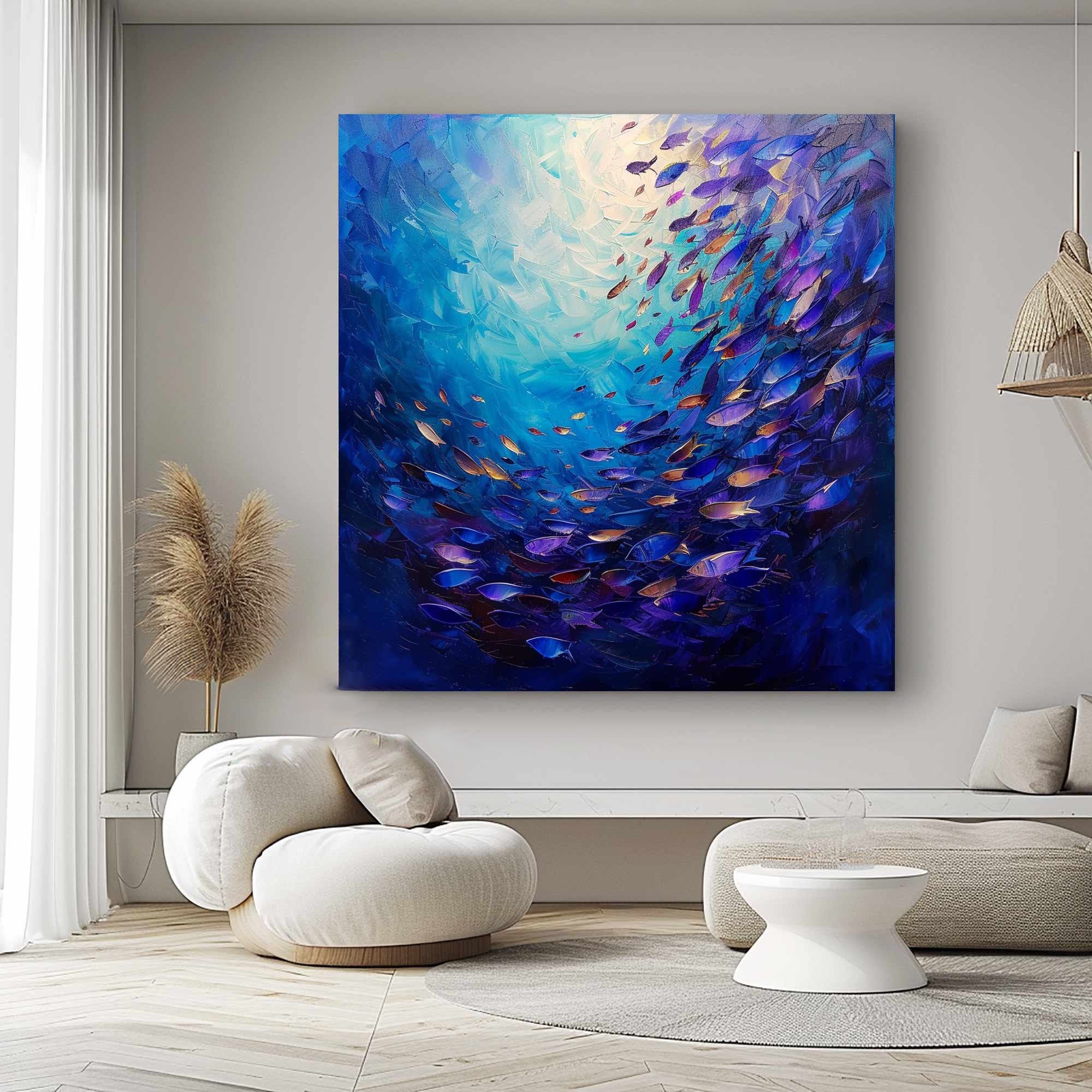 Vibrant Fish School Oil Painting: Modern Ocean Art Decor