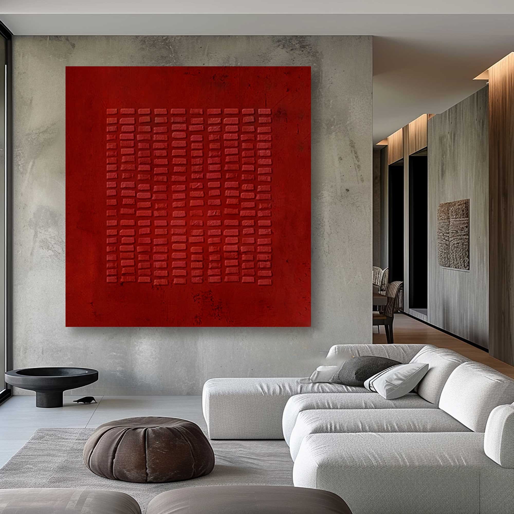 Crimson Grid: Red Textured Abstract, Bold Contemporary Art #MM482