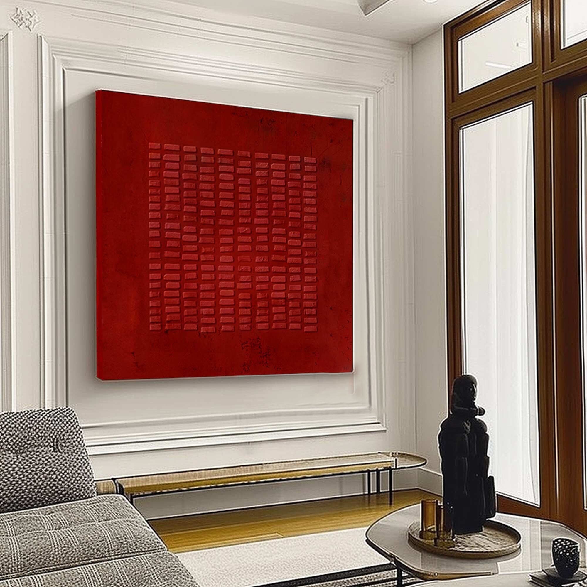 Crimson Grid: Red Textured Abstract, Bold Contemporary Art #MM482