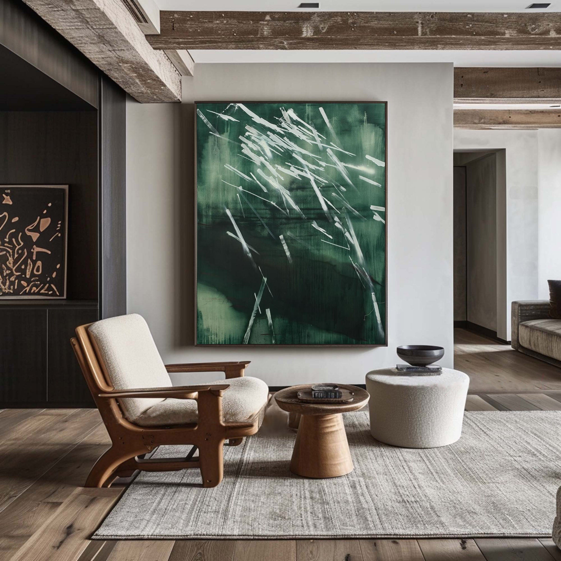 لوحة جدارية تجريدية طبيعية بضربات فرشاة ديناميكية باللون الأخضر الداكن #AB022