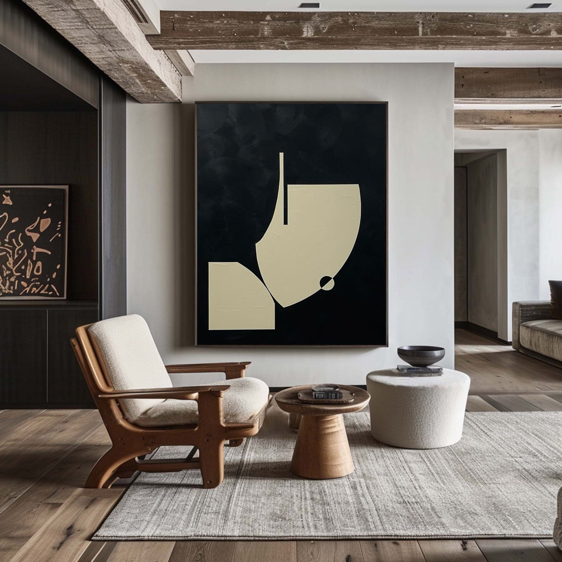 لوحة هندسية تجريدية بسيطة بتصميم أنيق باللونين الأسود والبيج #MM057