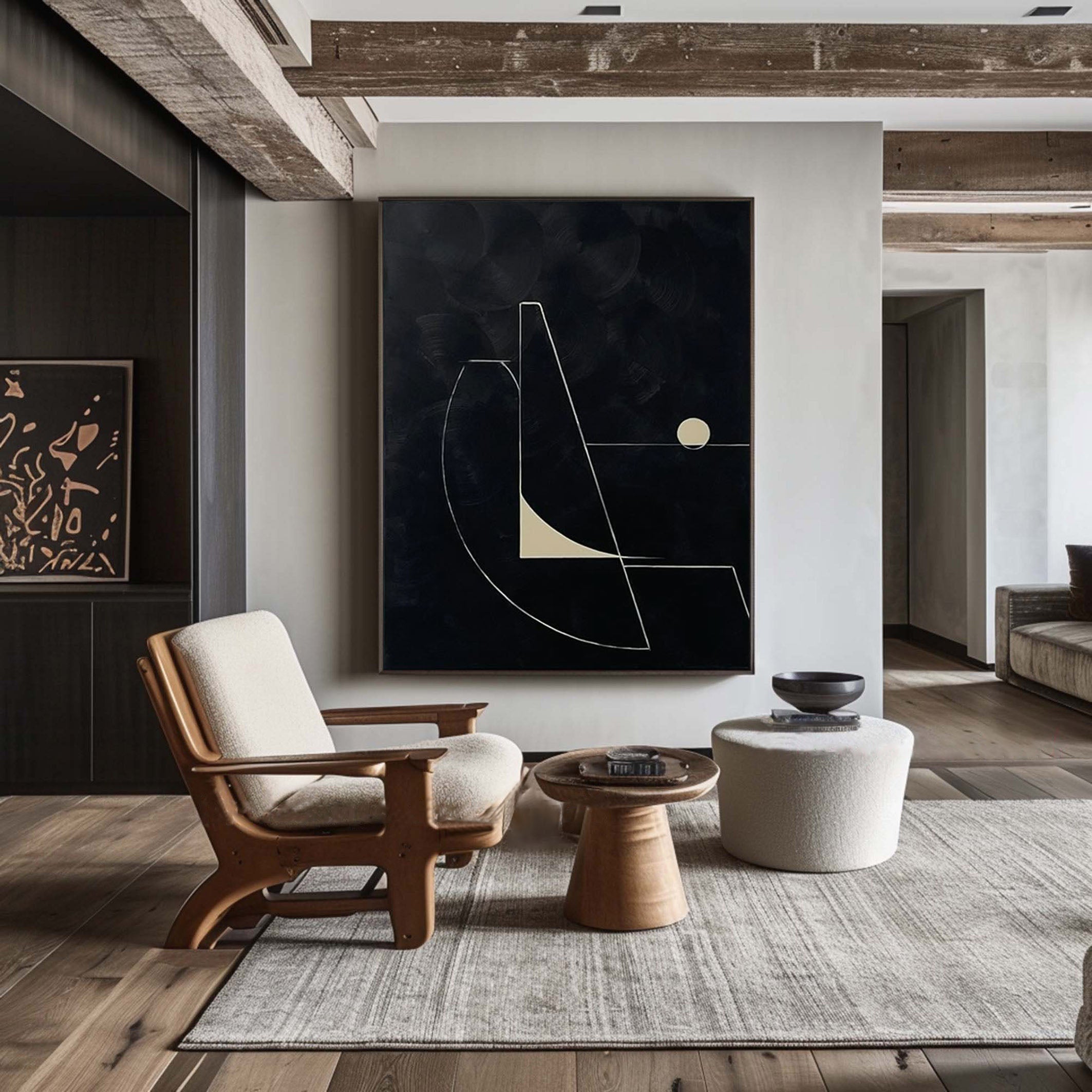 لوحة فنية قماشية هندسية بسيطة باللونين الأبيض والأسود للمنزل #MM056