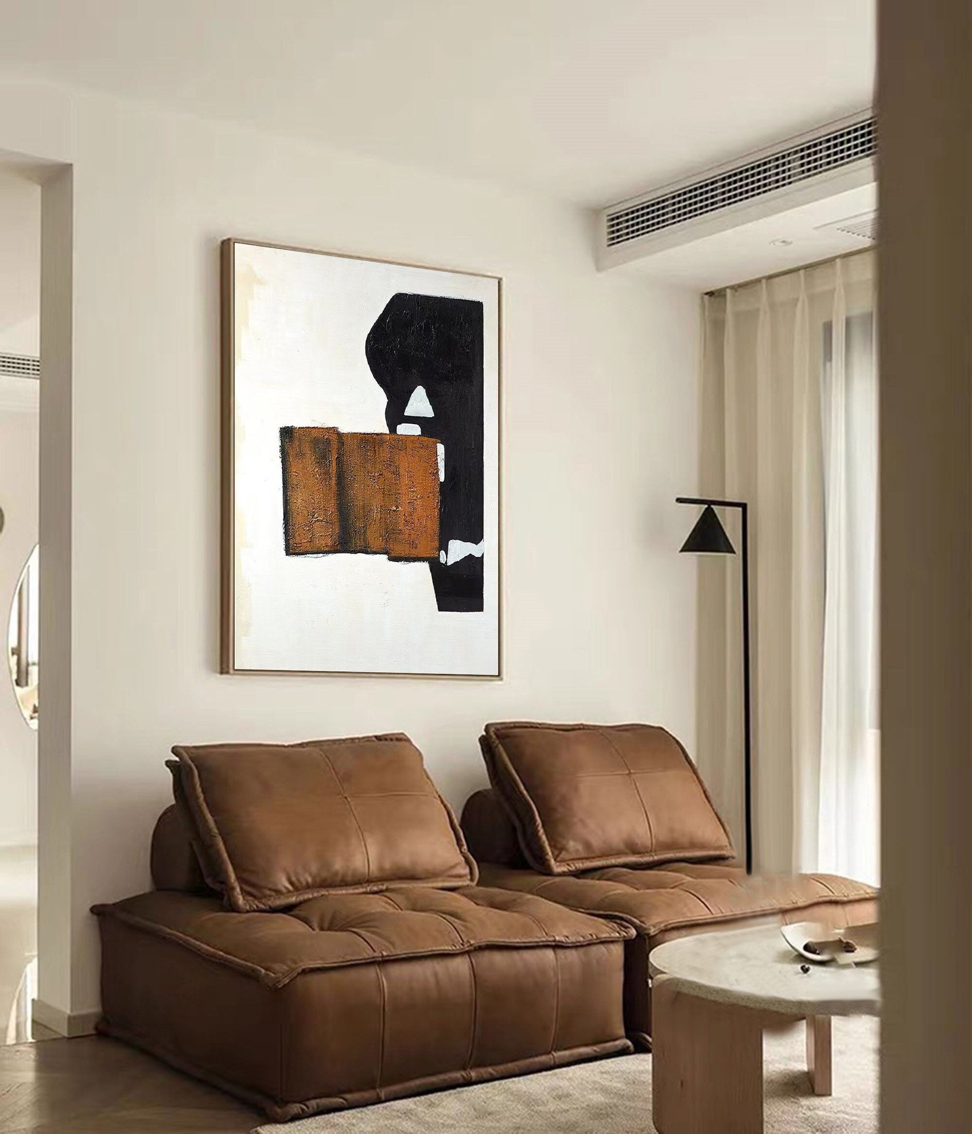 لوحة قماشية هندسية تجريدية منسوجة باللونين الأسود والأبيض والبني #MM313