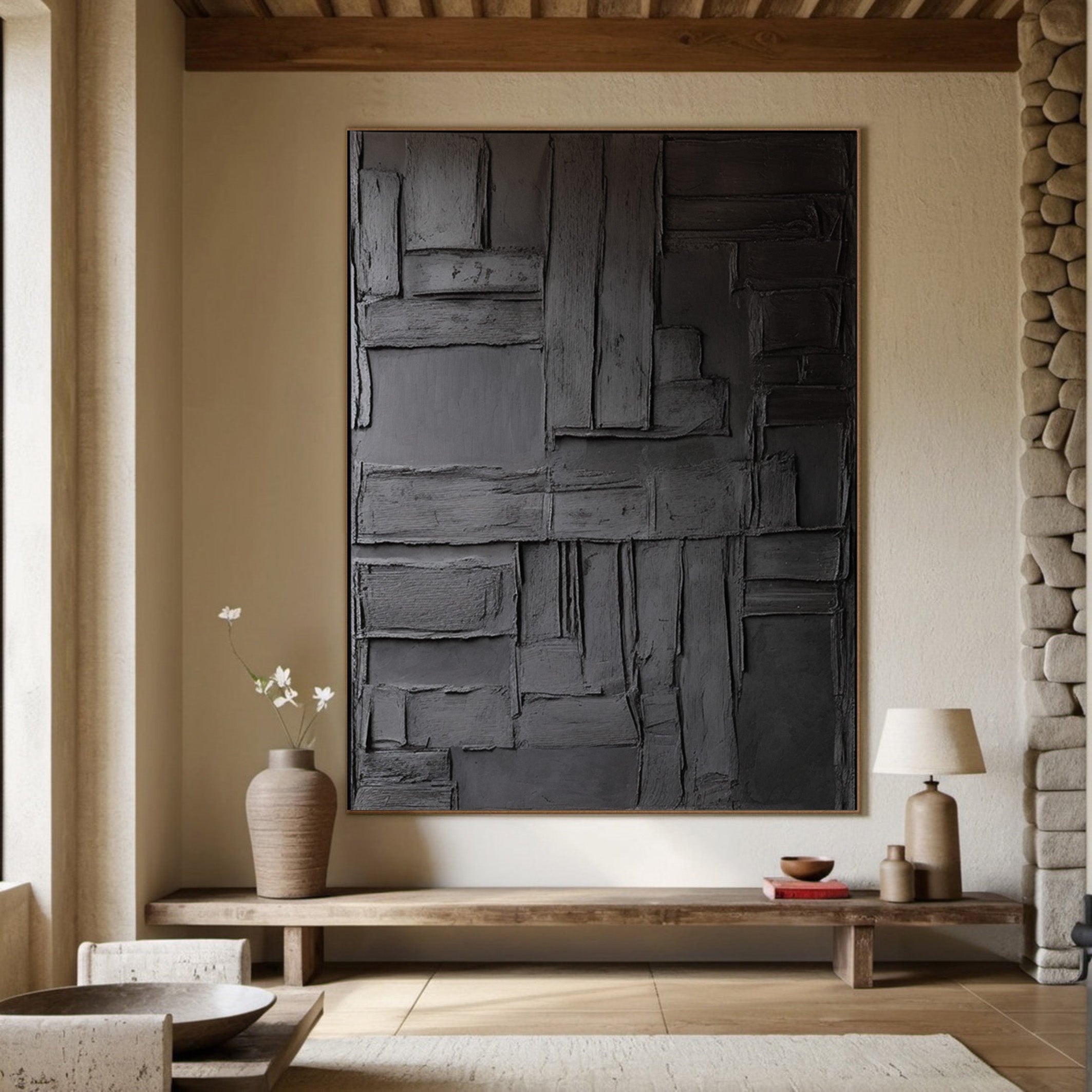 Black Blockwork: Geometric Abstract, Architectural Texture #MM508