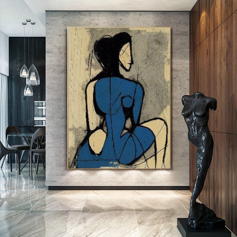 Minimalist Blue Nude Painting - Large Abstract Female Wall Art