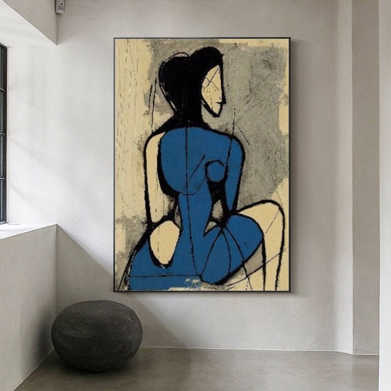 Minimalist Blue Nude Painting - Large Abstract Female Wall Art#MM488